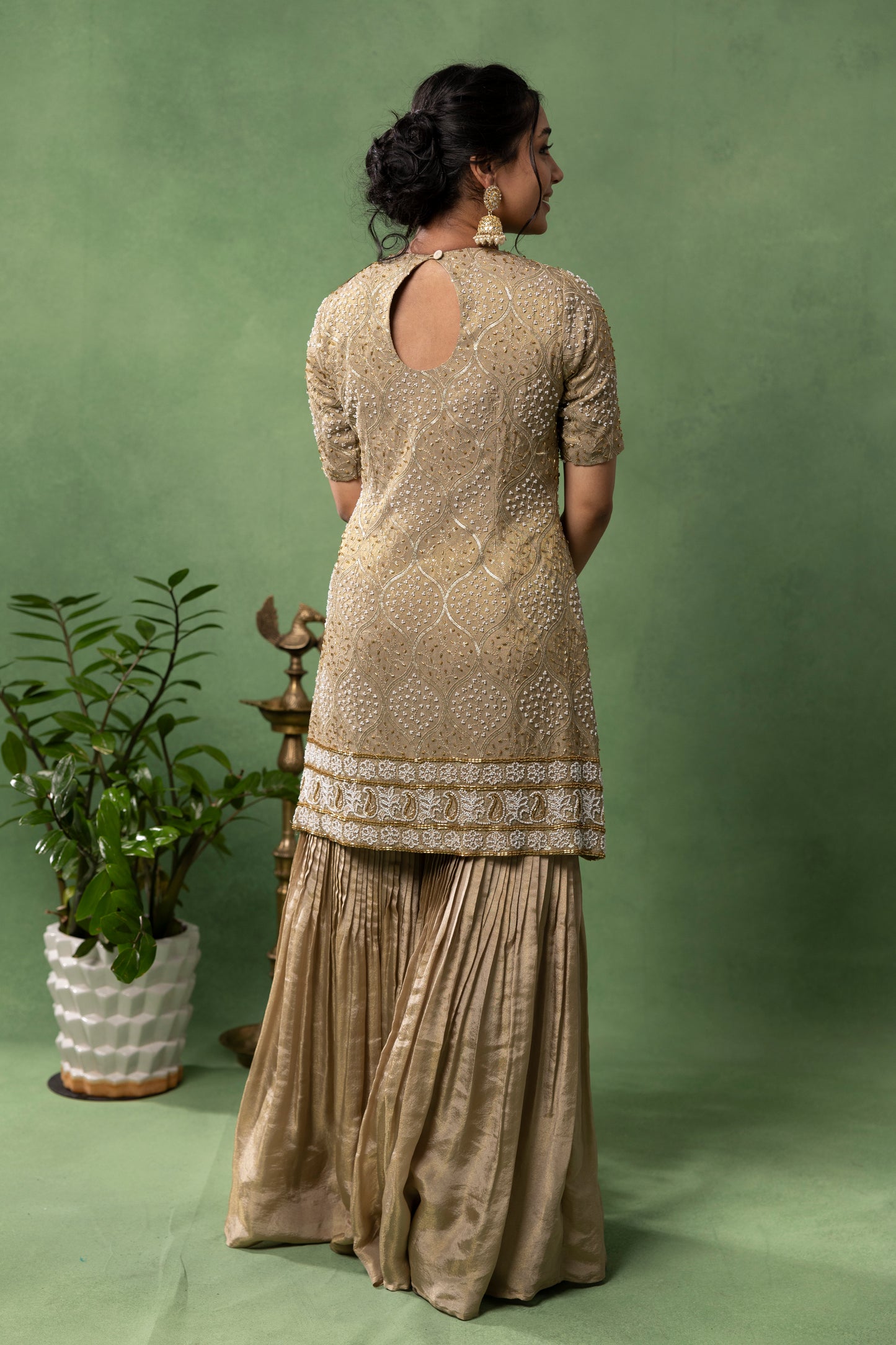 Champagne Gold Hand-Embroidered Kurta with Sharara Set