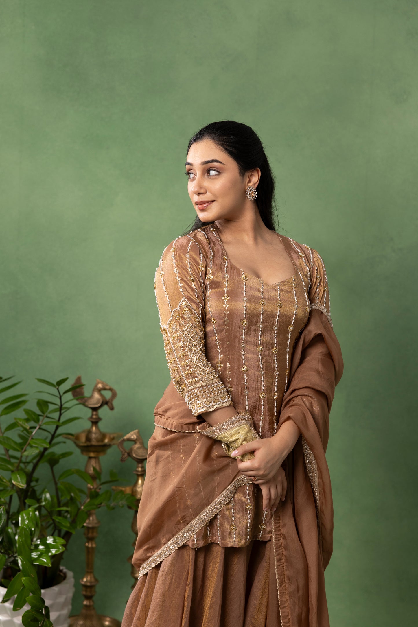 Mocha Brown Hand-Embroidered Kurta with Sharara & Dupatta