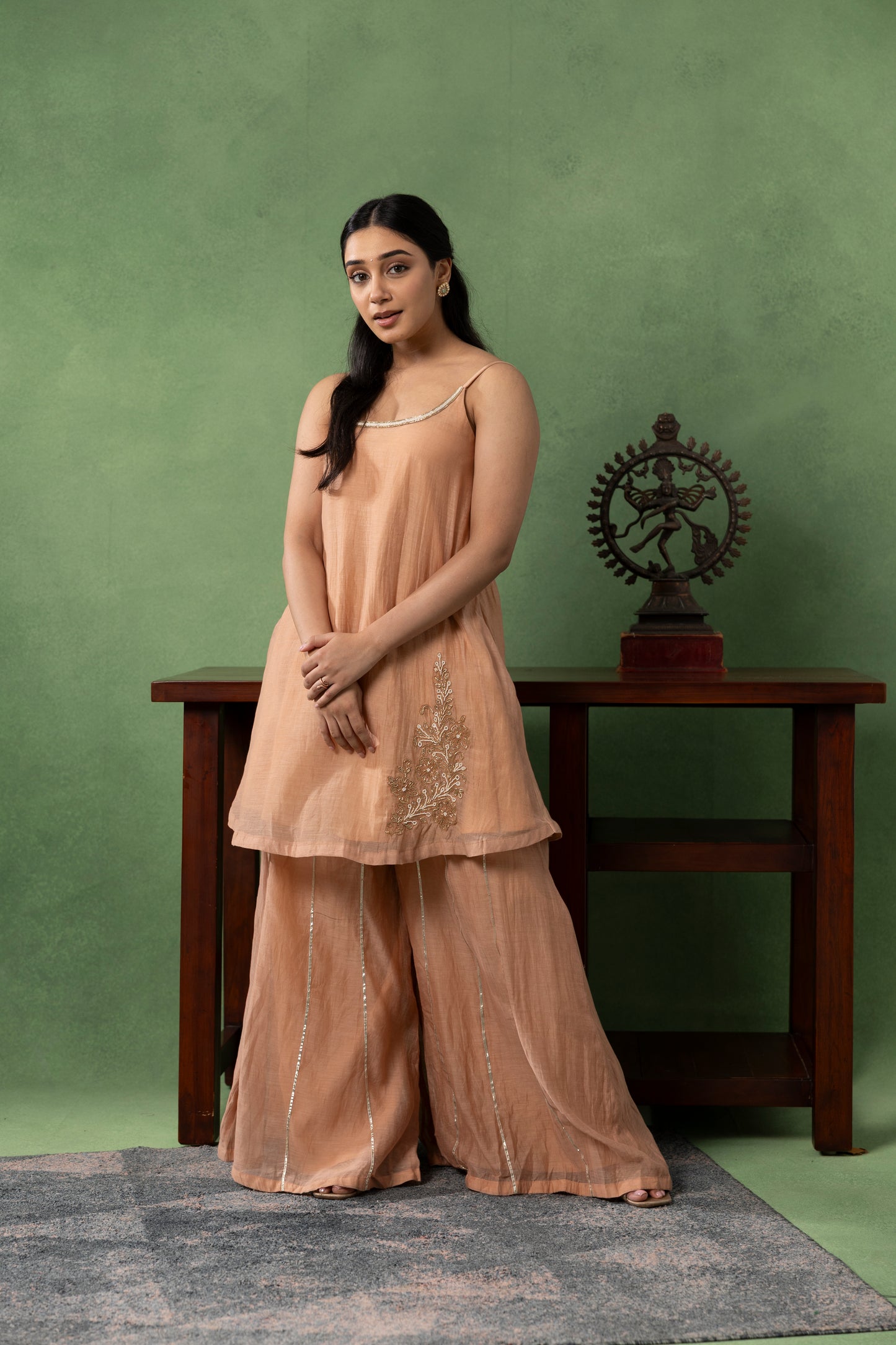 Peach Sand Embroidered Kurta Co-Ord Set with Sheer Overlay