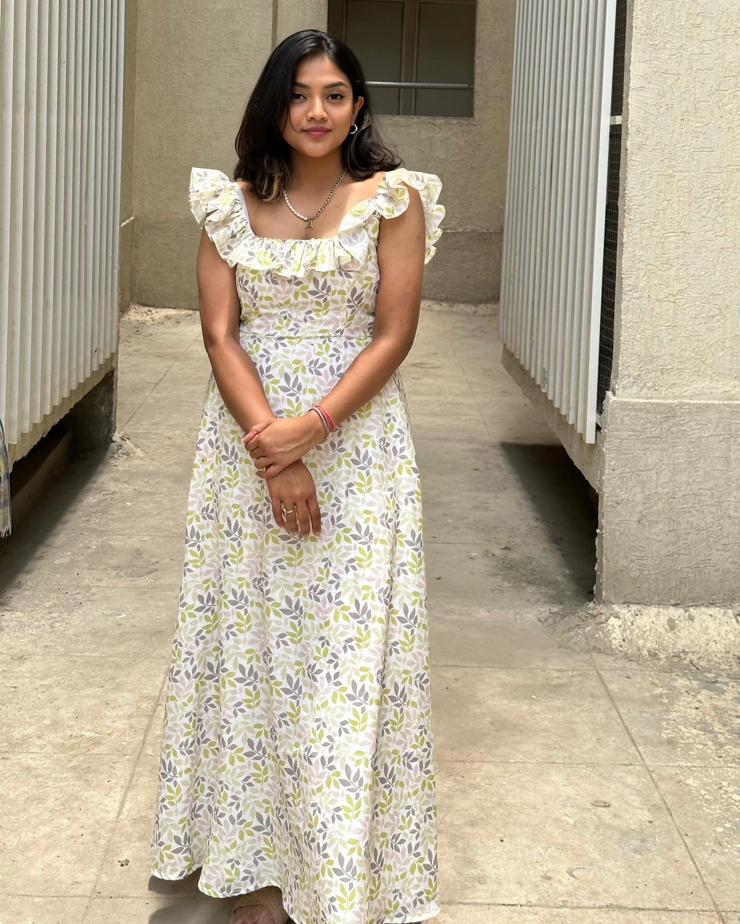 Leaf printed cotton linen dress