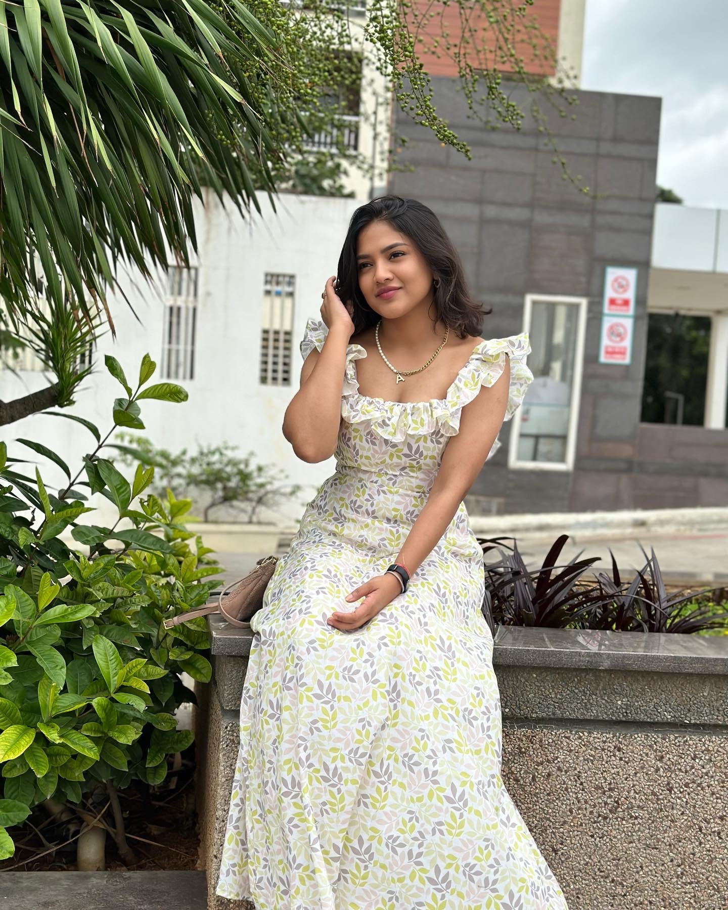 Leaf printed cotton linen dress
