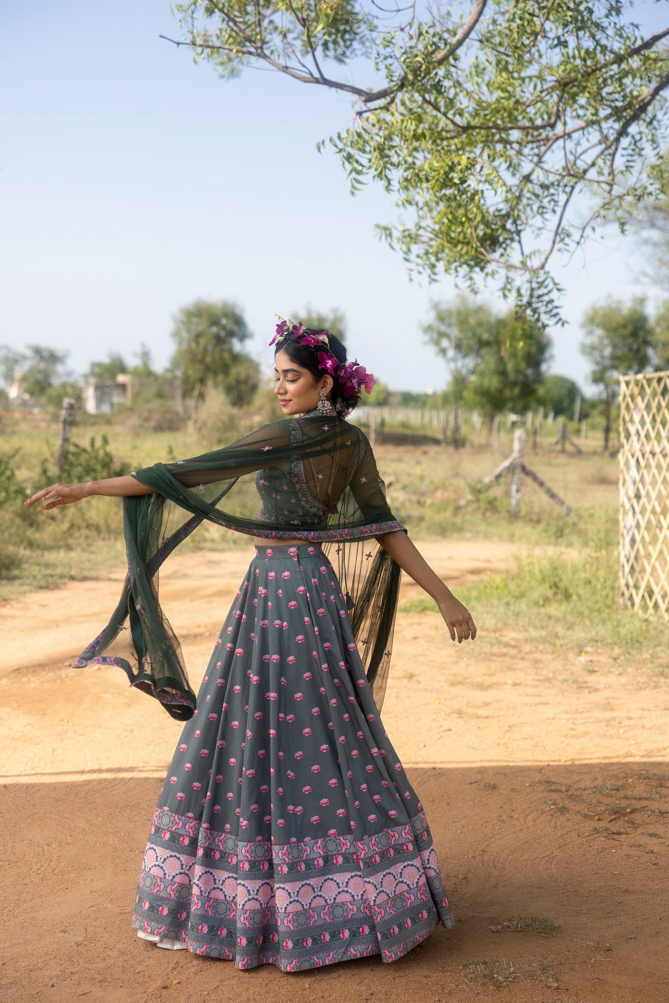 Green Embroidered Lehenga with Silk blouse and net embroidered dupatta