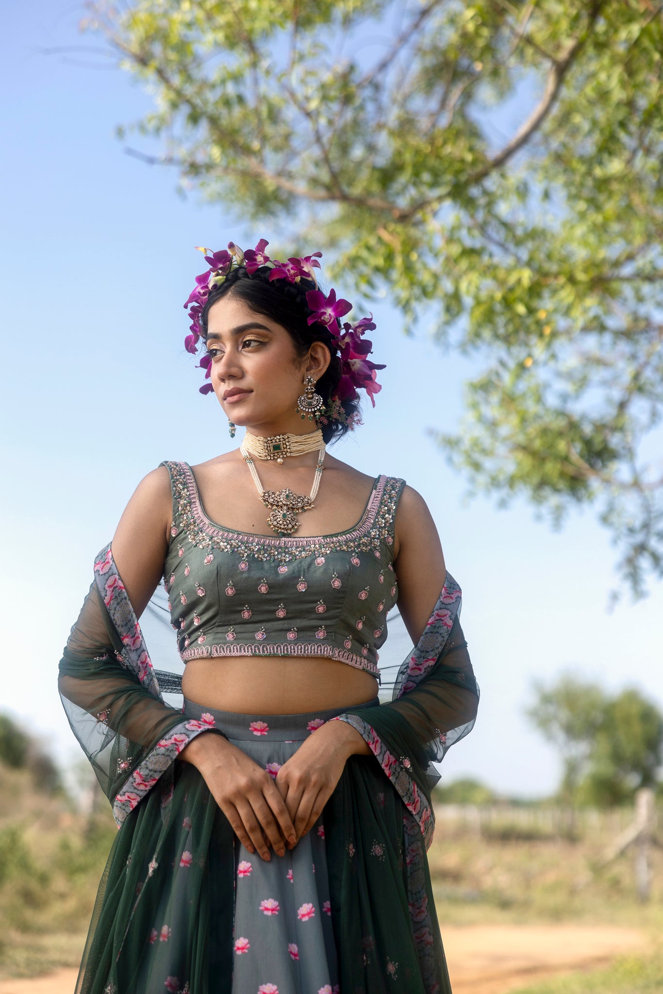 Green Embroidered Lehenga with Silk blouse and net embroidered dupatta