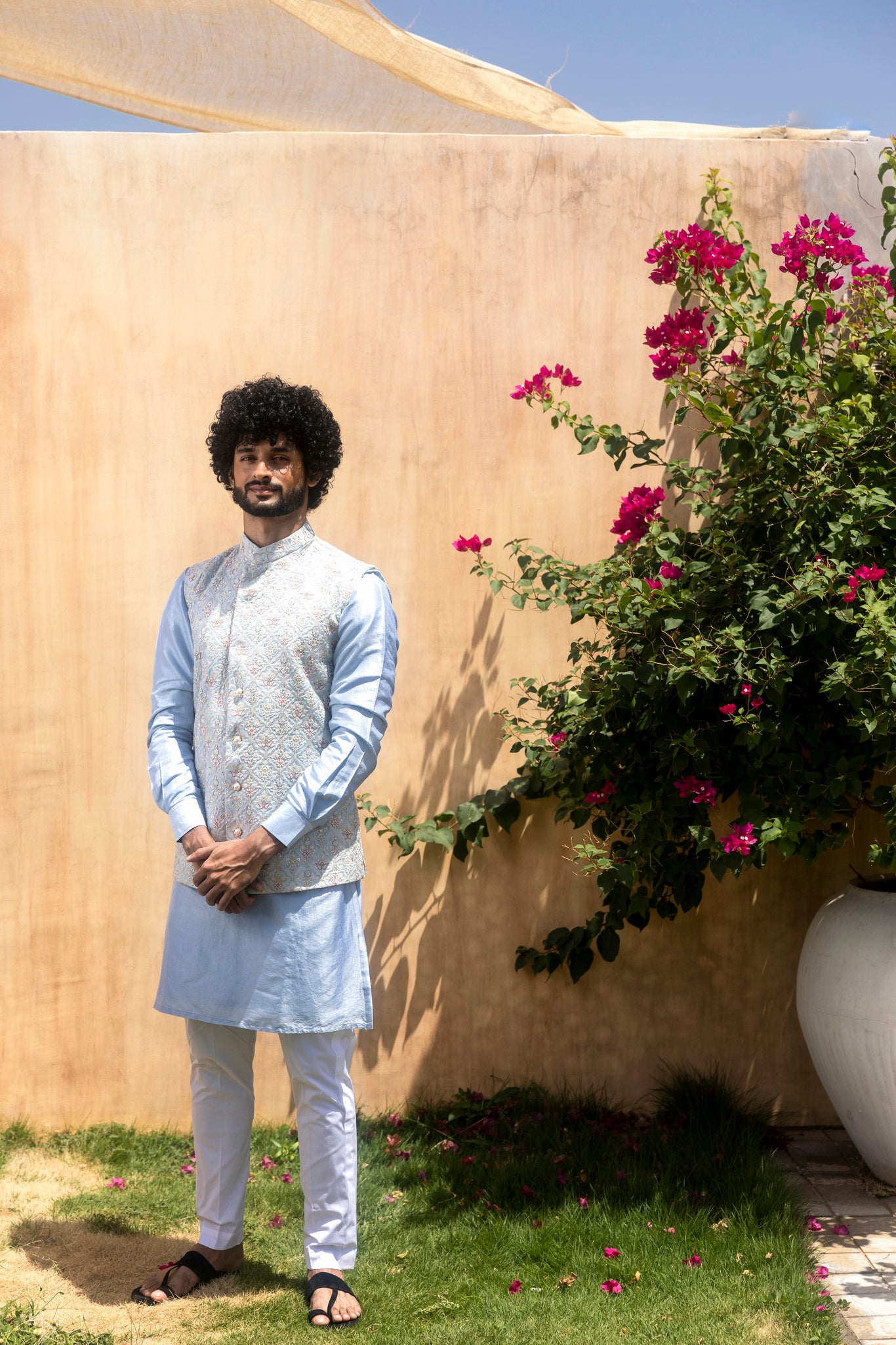 Powder blue embroidered jacket with silk kurta - Apeksha The Label