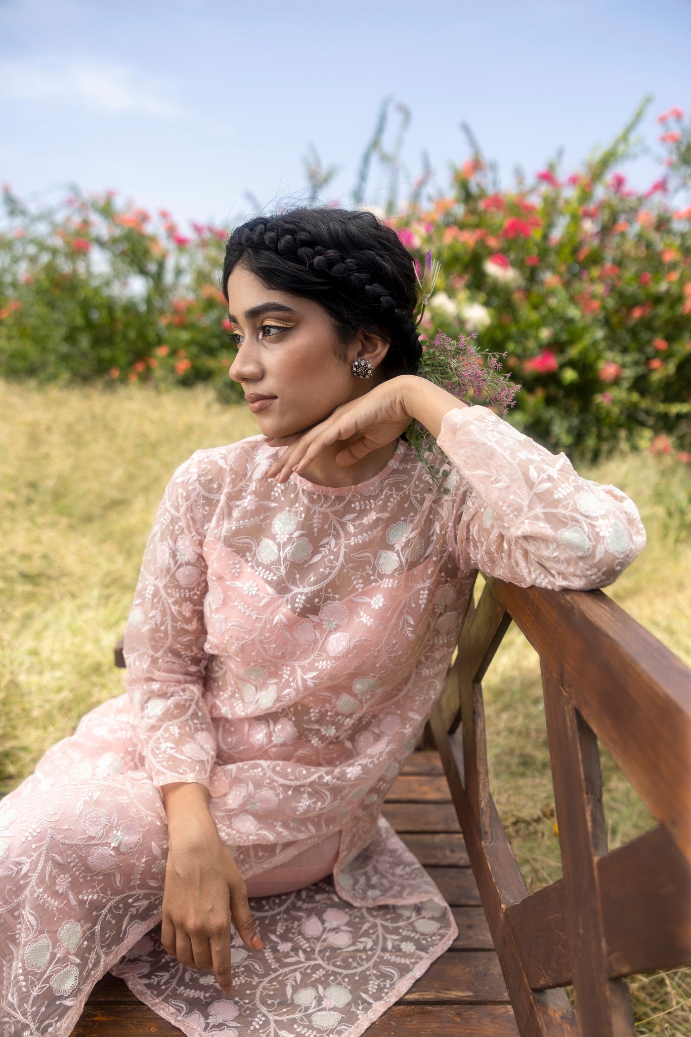 Organza embroidered kurta with silk crop top and straight pants