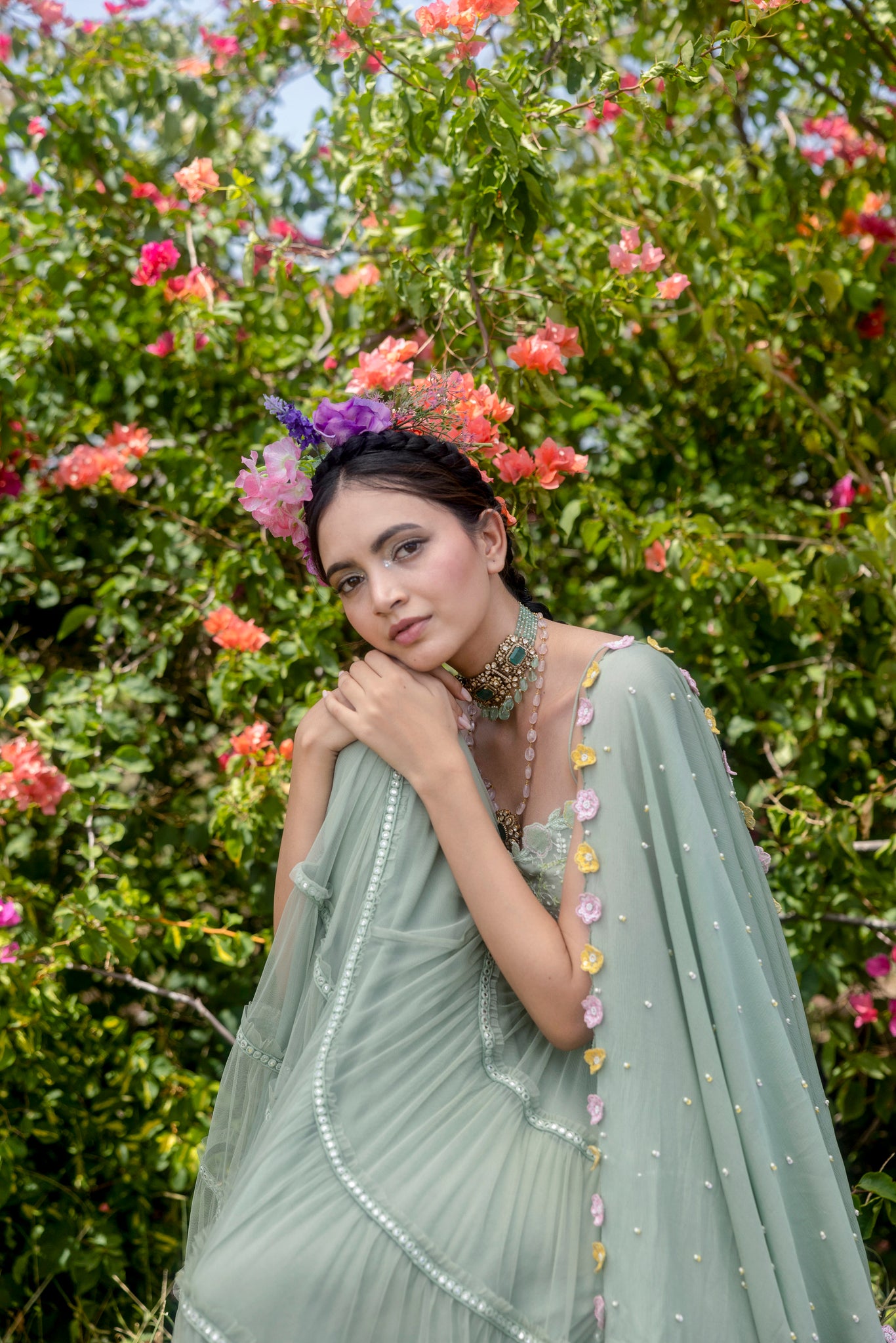 Organza hand embroidered blouse with layered net skirt and hand embroidered shiffon dupatta