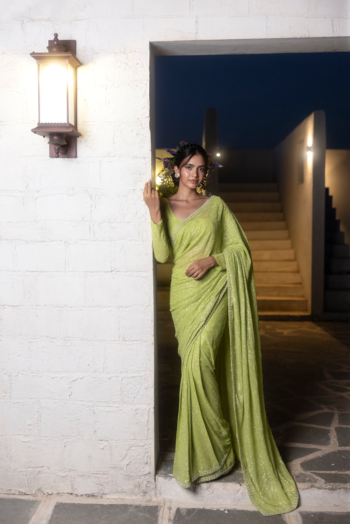 Green georgette sequin embroidered saree