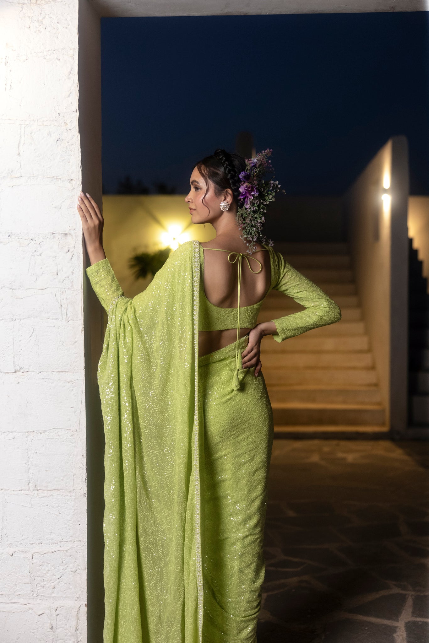 Green georgette sequin embroidered saree