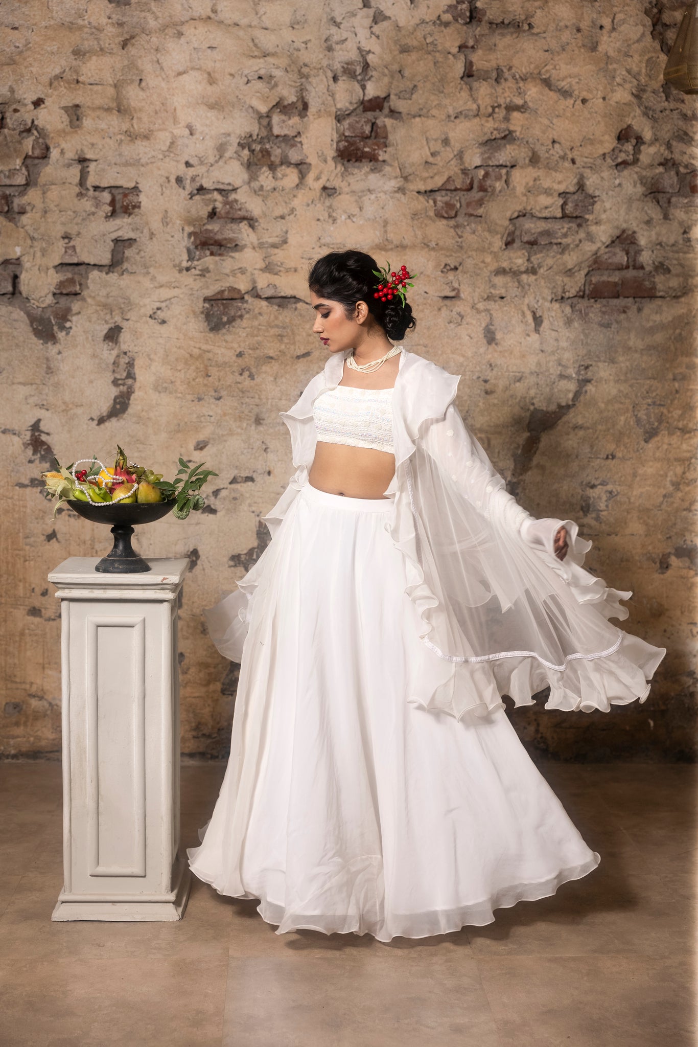 Pearl Embroidered Blouse with organza skirt and dupatta