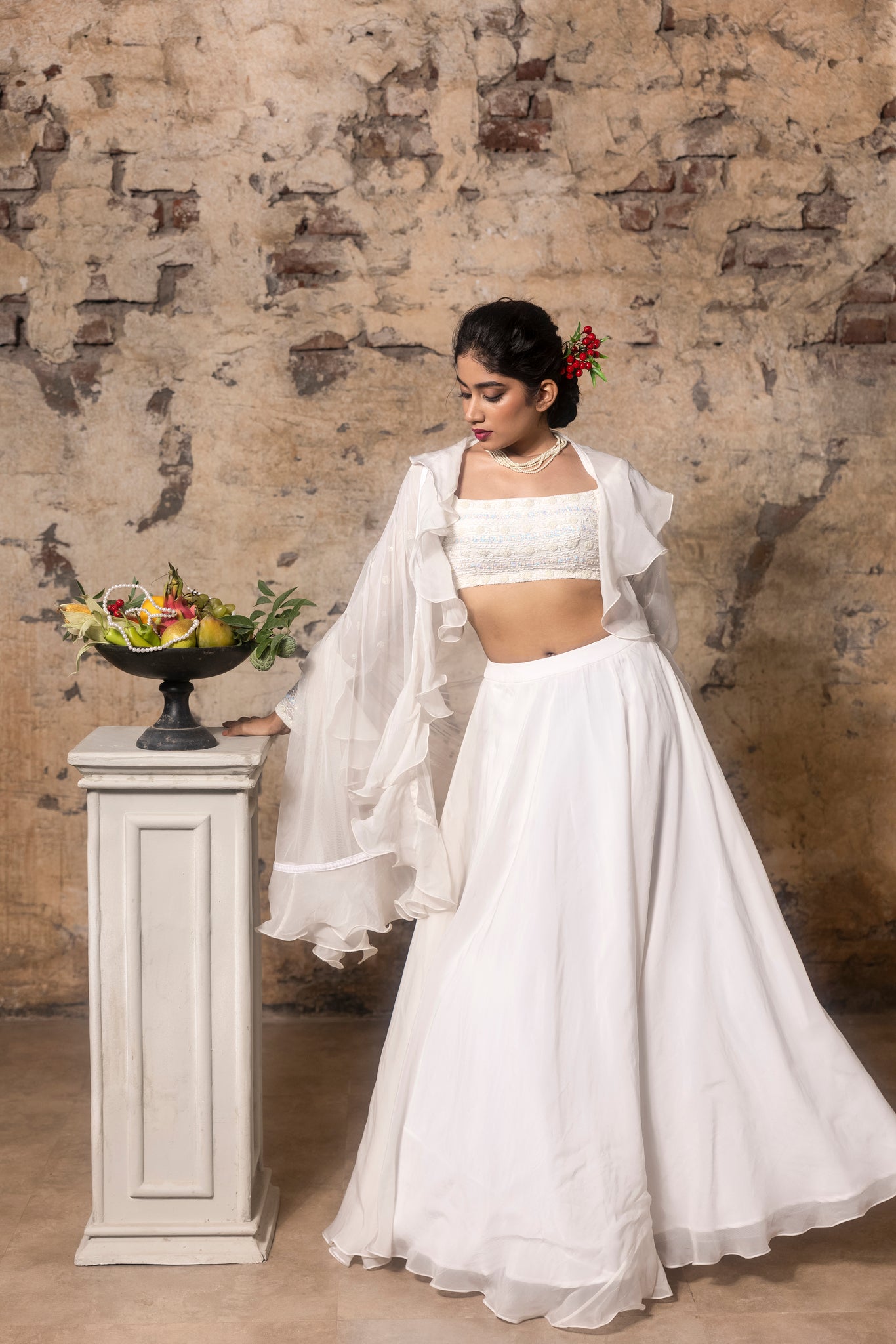 Pearl Embroidered Blouse with organza skirt and dupatta