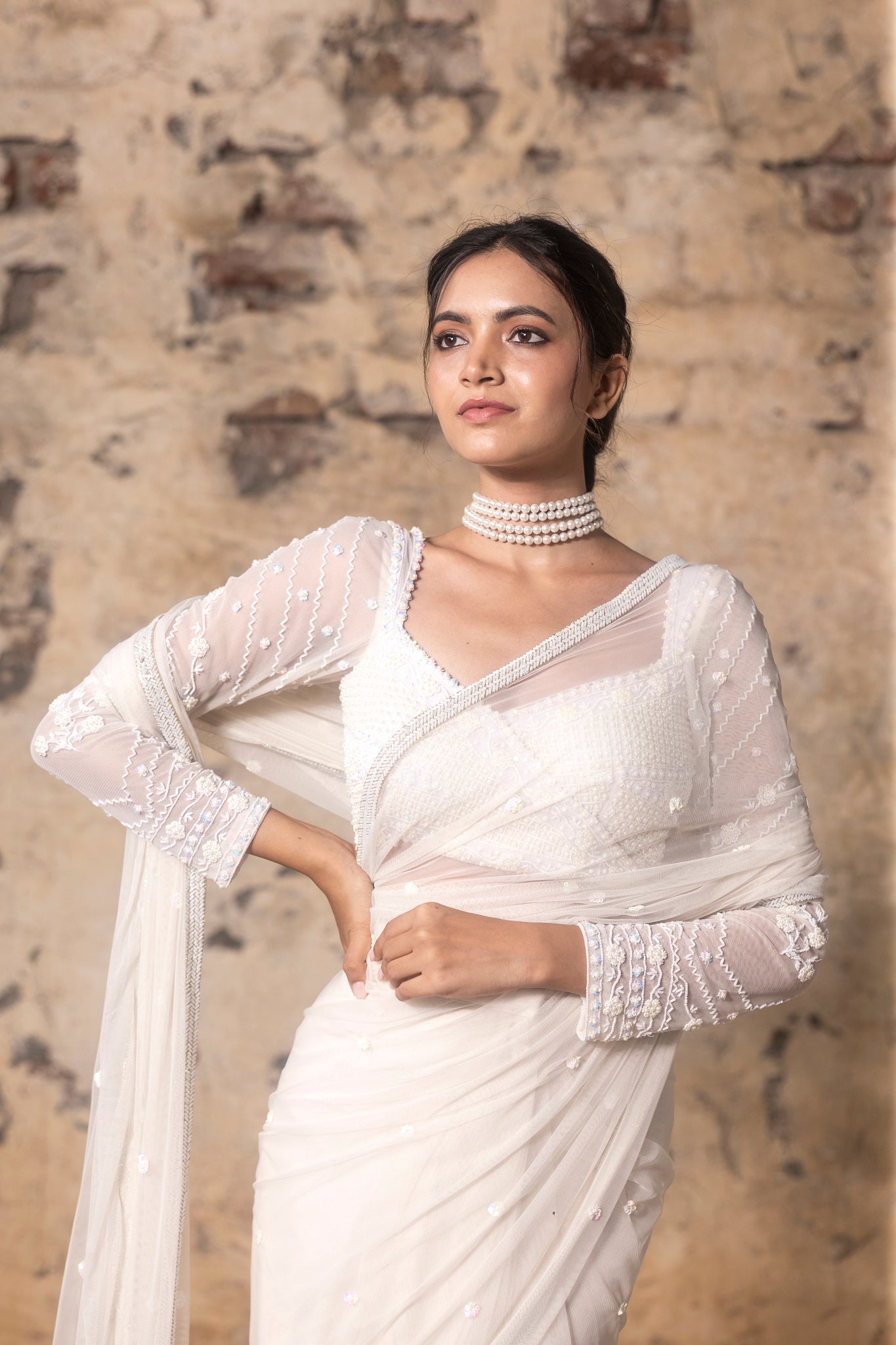 Delicately hand embroidered blouse with hand embroidered pre pleated saree