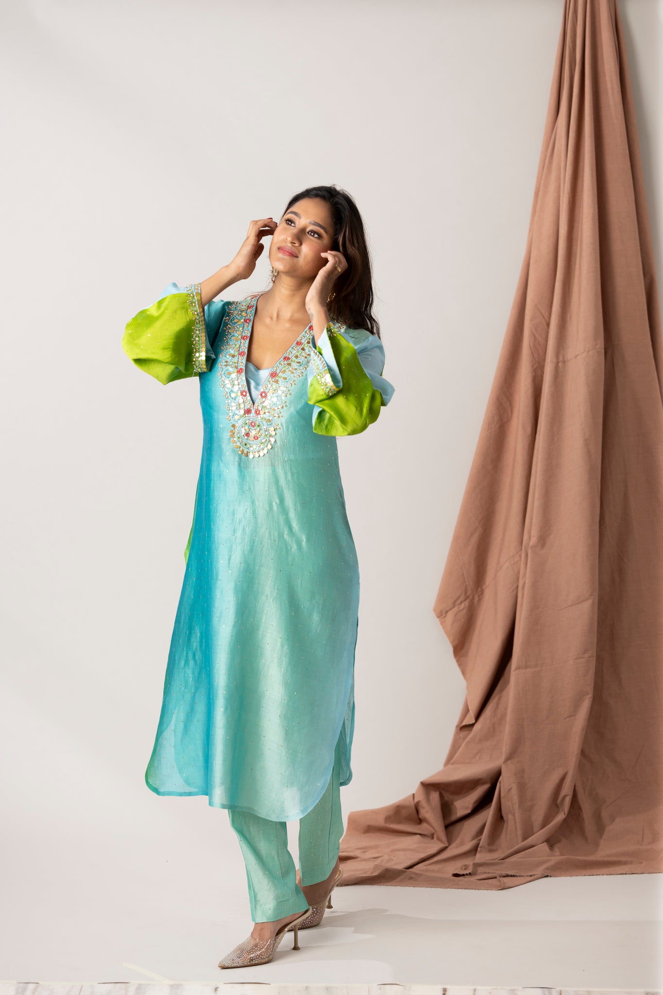 mukaish raw silk kurta with hand embroidered neck and sleeves
