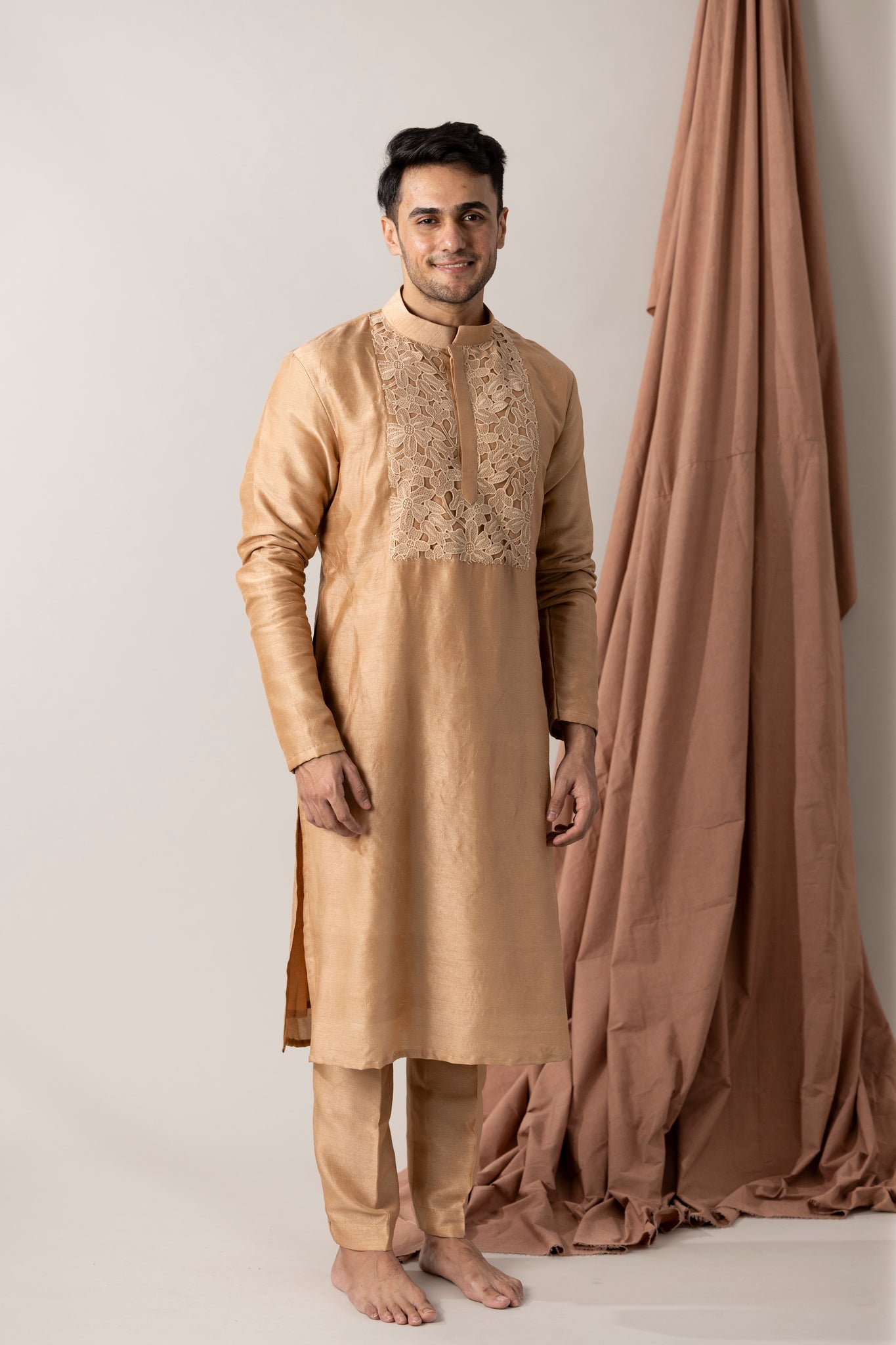 Silk kurta and pants with highlighted crochet yoke placket