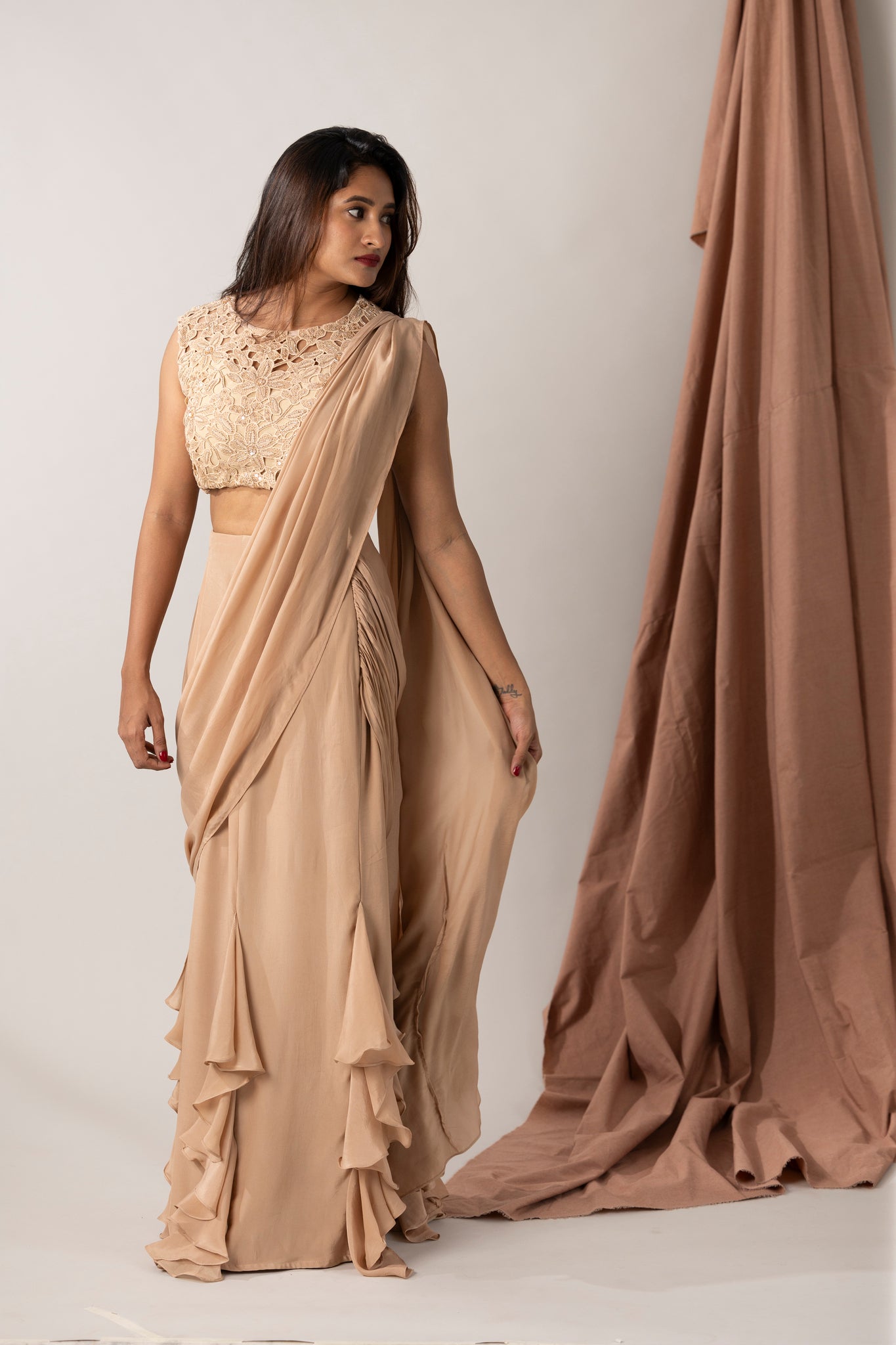 silk pleated saree with hand embroidered crochet blouse