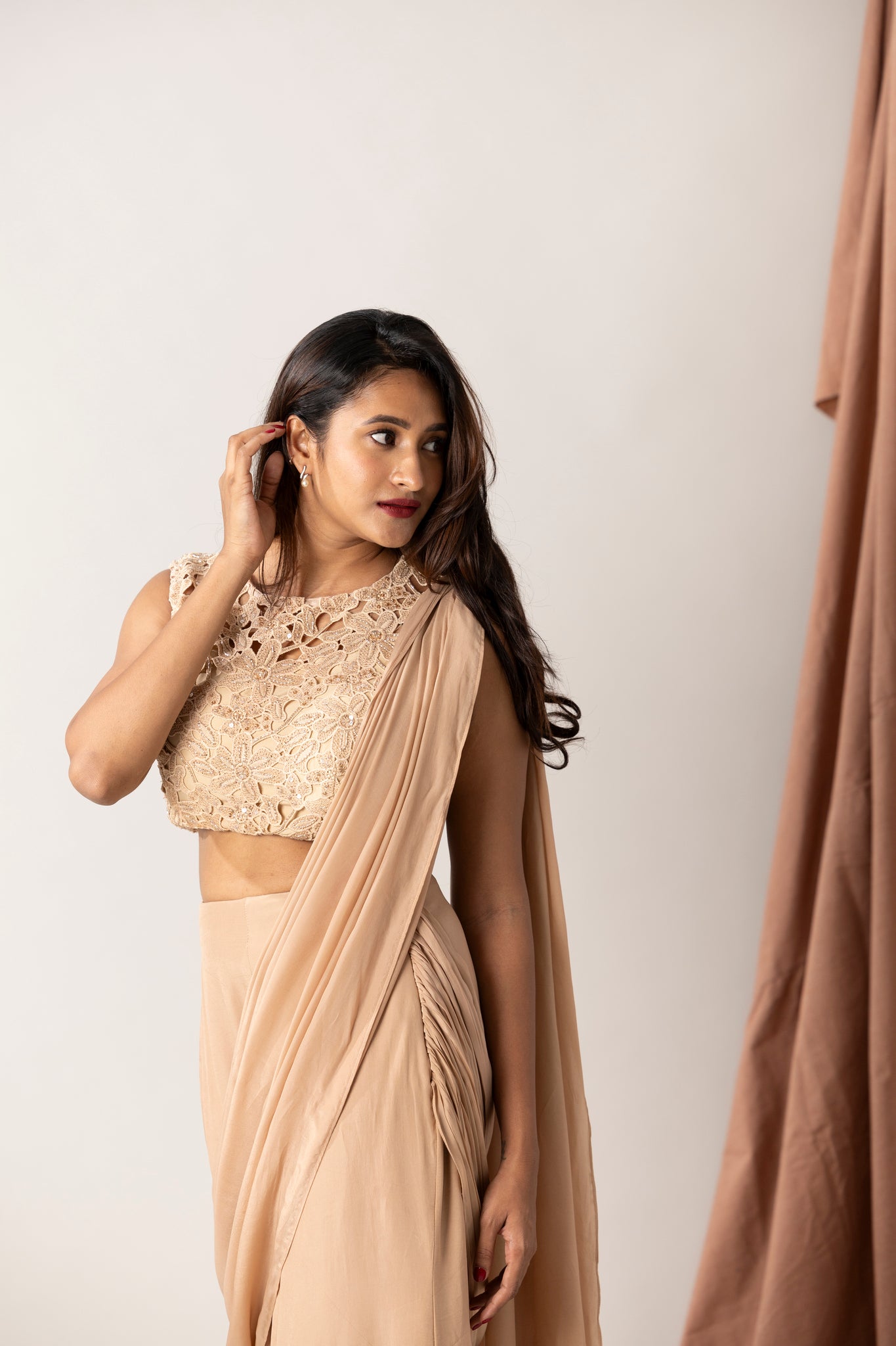 silk pleated saree with hand embroidered crochet blouse
