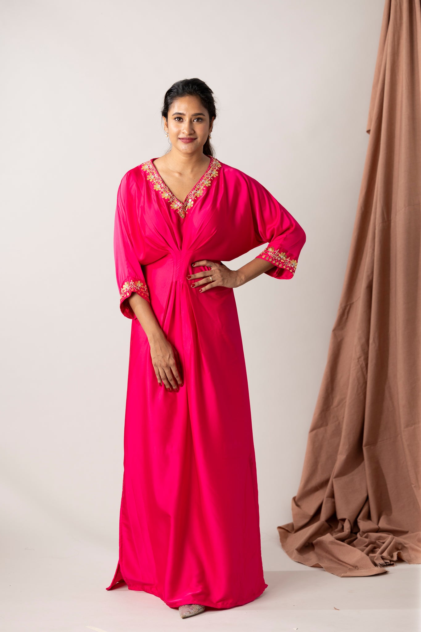 Armani silk satin kaftan with hand embroidered neck and sleeve ends