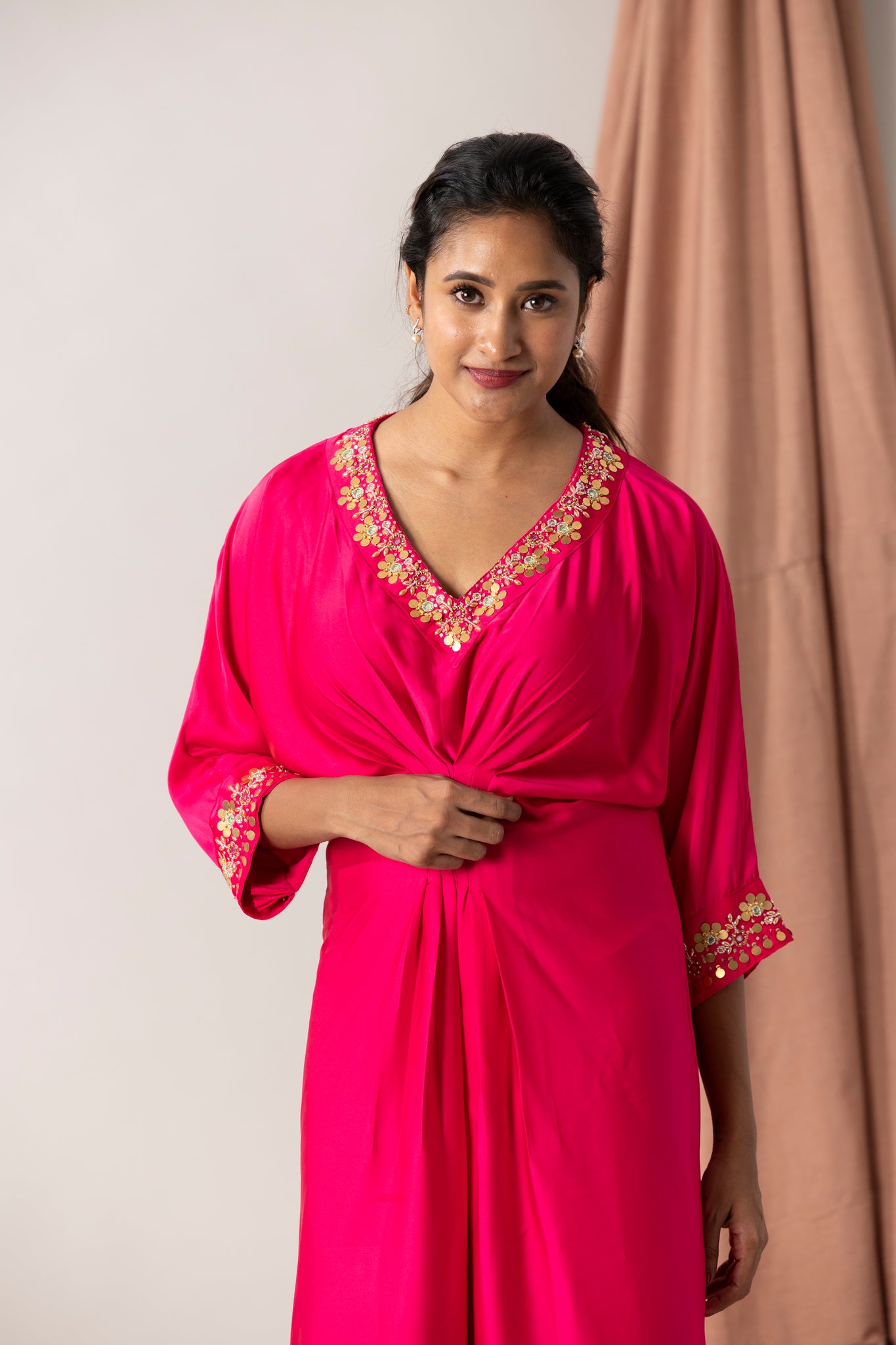 Armani silk satin kaftan with hand embroidered neck and sleeve ends