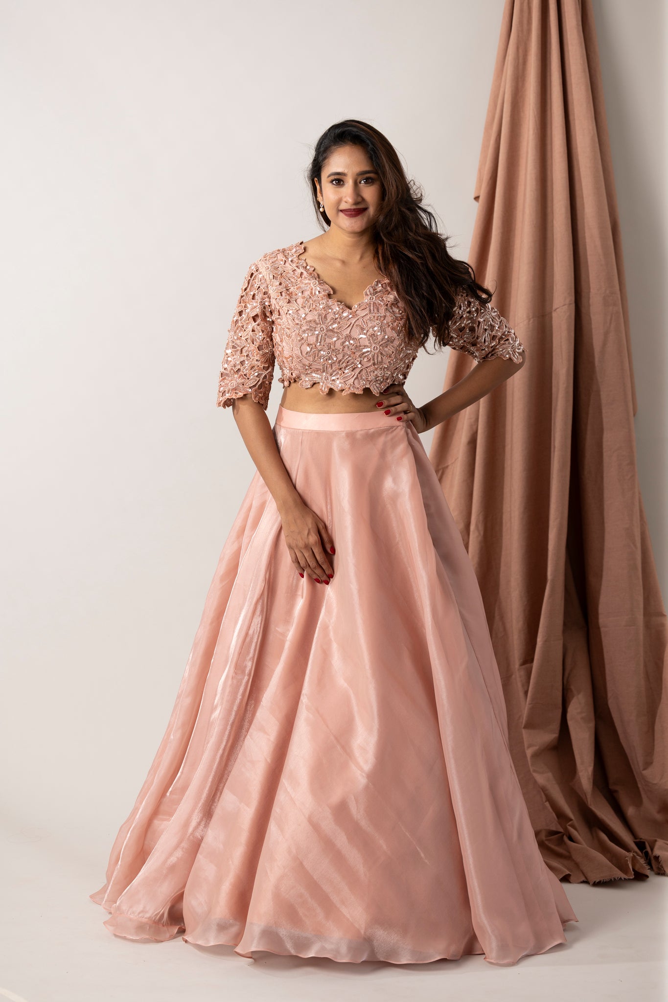 crochet hand-embroidered blouse with silk organza skirt