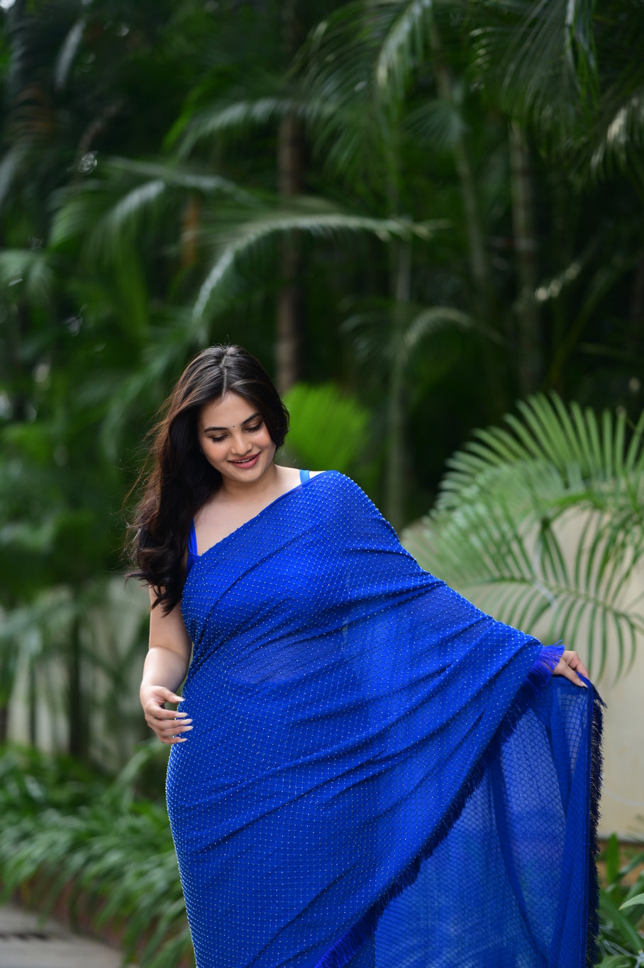 Pre Draped Cutdana Embroidered Blue Saree