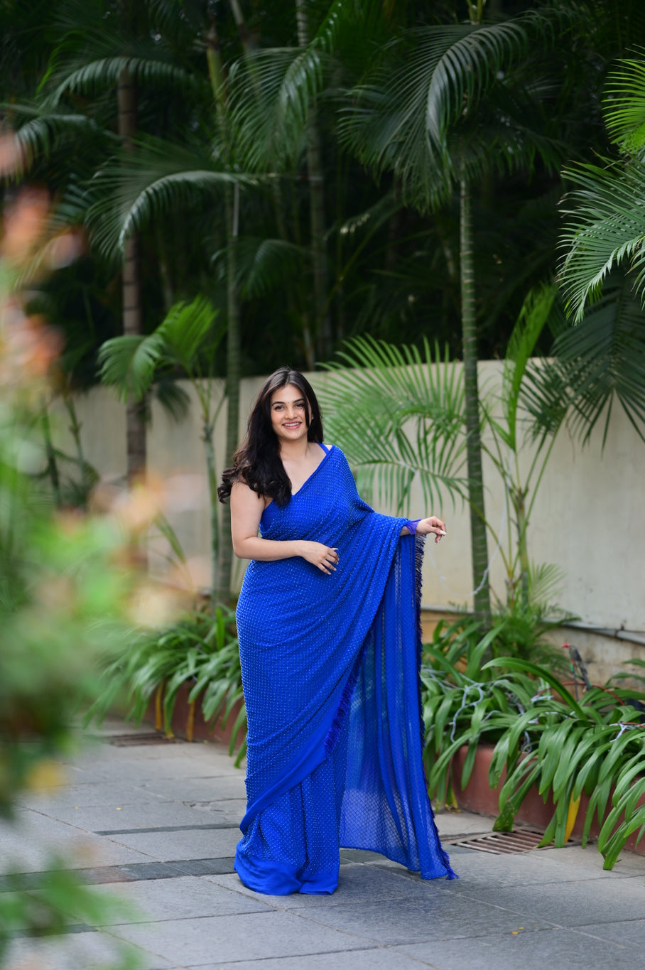 Pre Draped Cutdana Embroidered Blue Saree