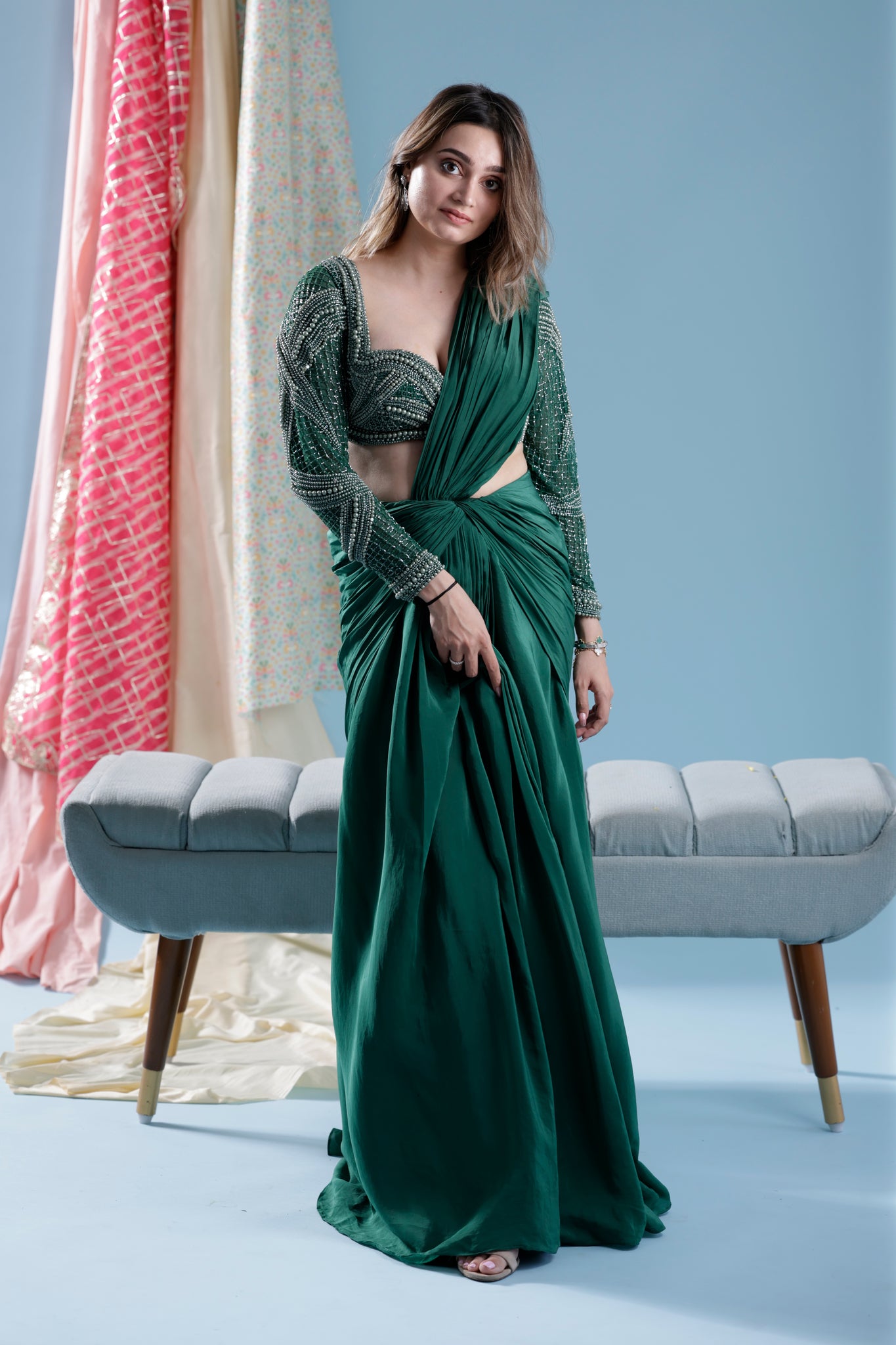 Green pre draped saree with heavy hand embroidered blouse