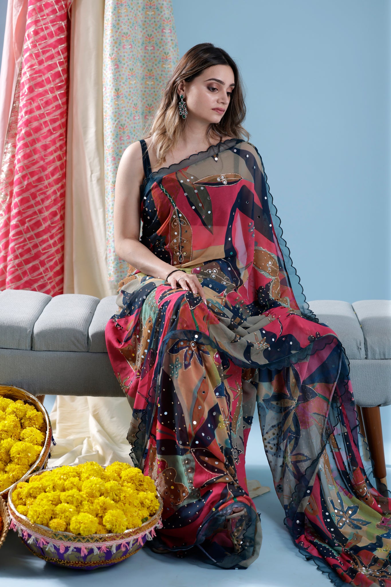 Leaf printed saree with sleeveless blouse
