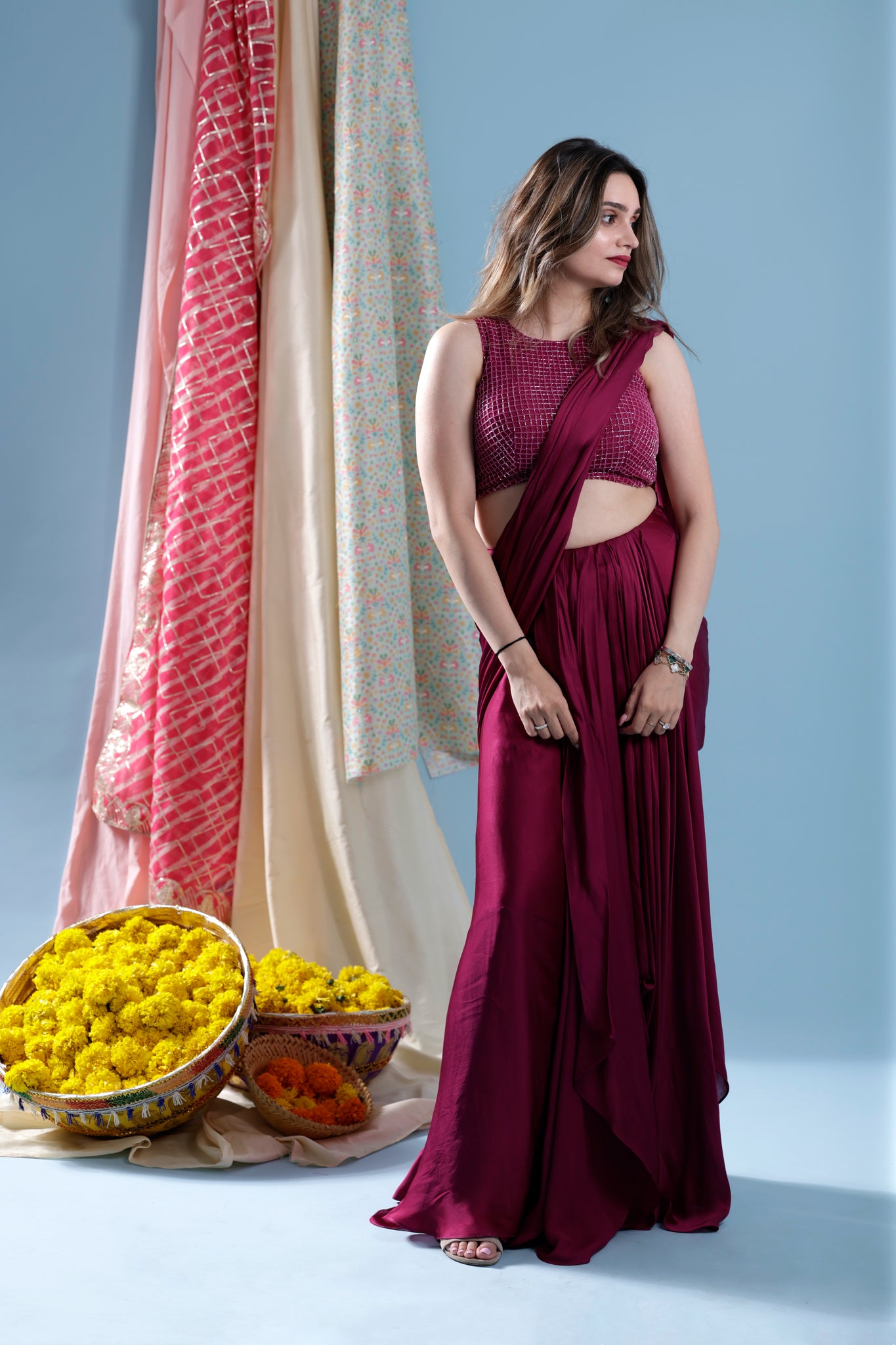 Pink pre pleated saree with hand embroidered blouse