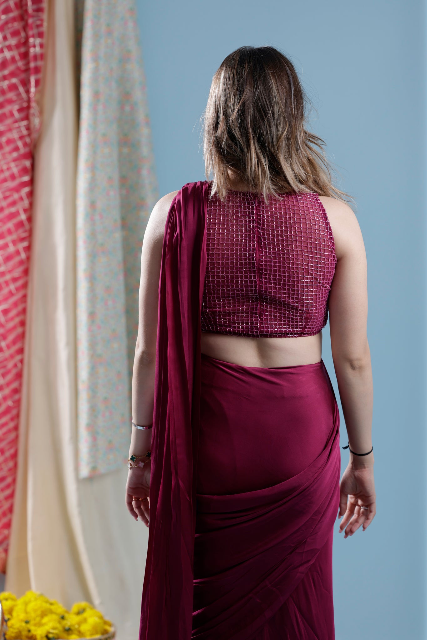 Pink pre pleated saree with hand embroidered blouse