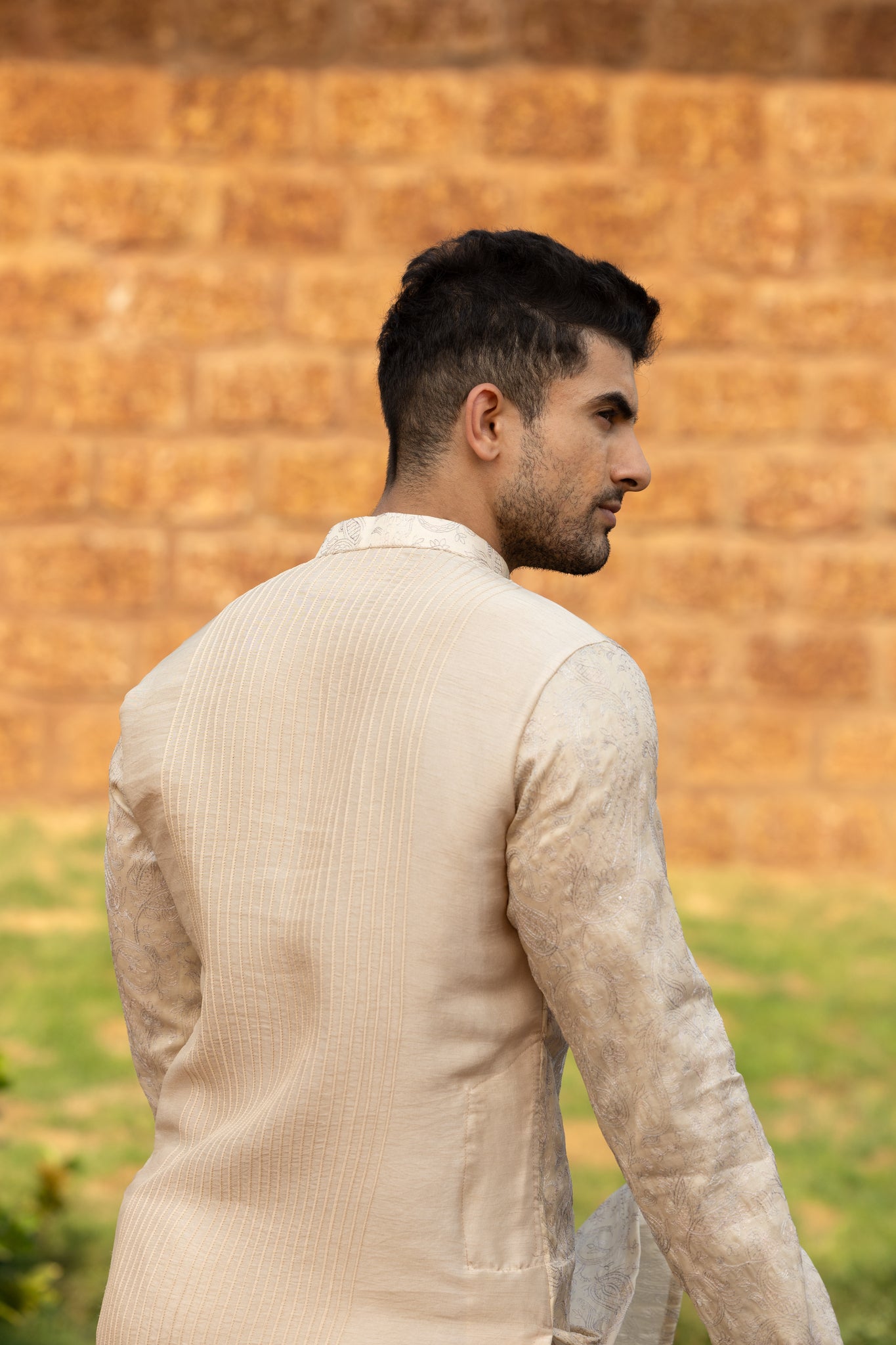 Thread hand embroidered kurta with hand pleated back in pure silk