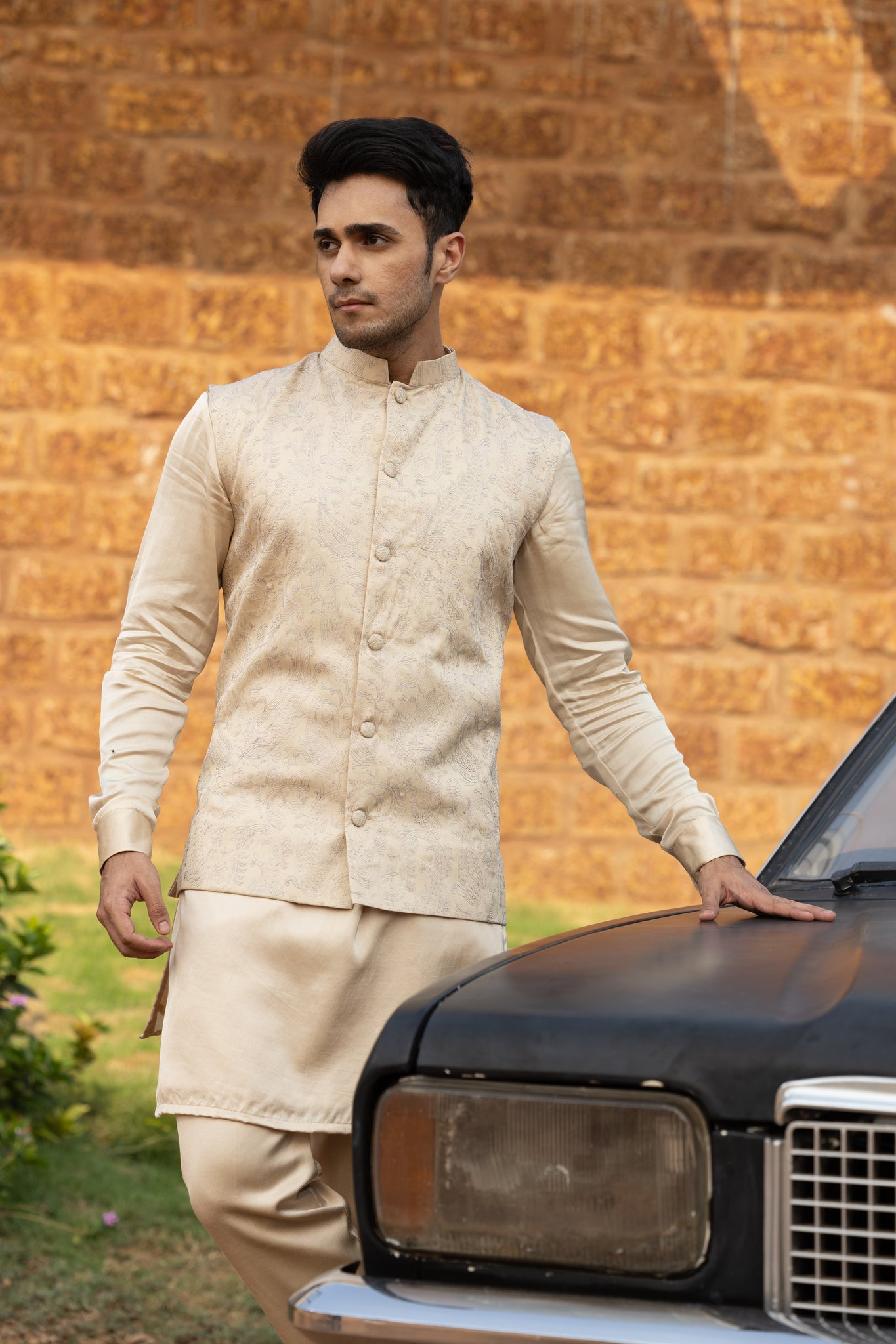 Thread hand embroidered chikankari jacket with silk kurta and straight pants