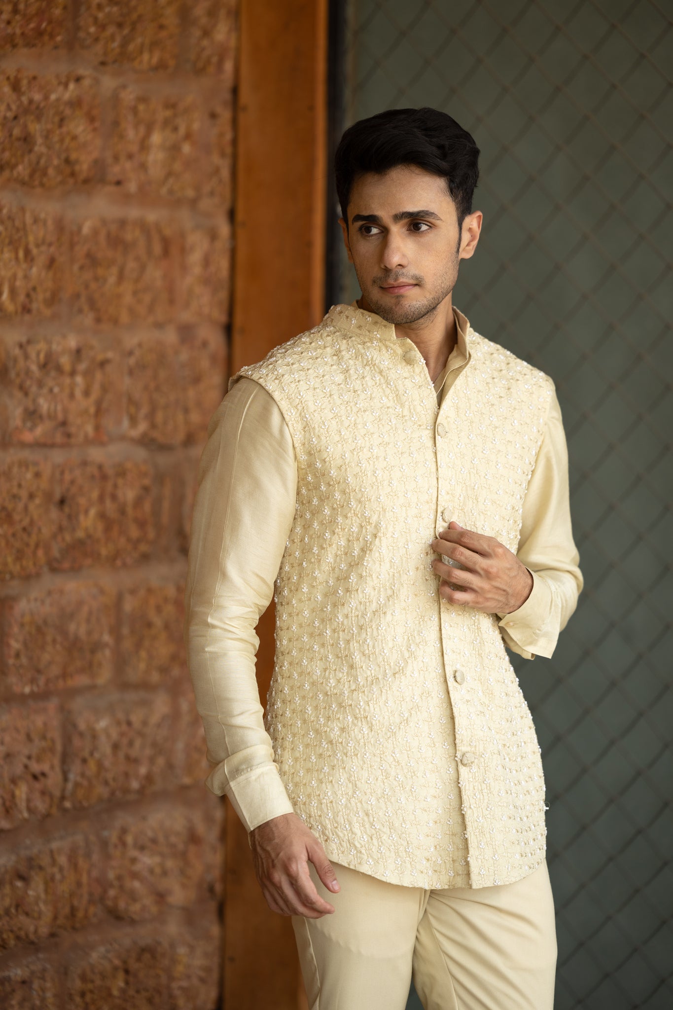 Cutdana embroidered jacket with silk shirt and pants