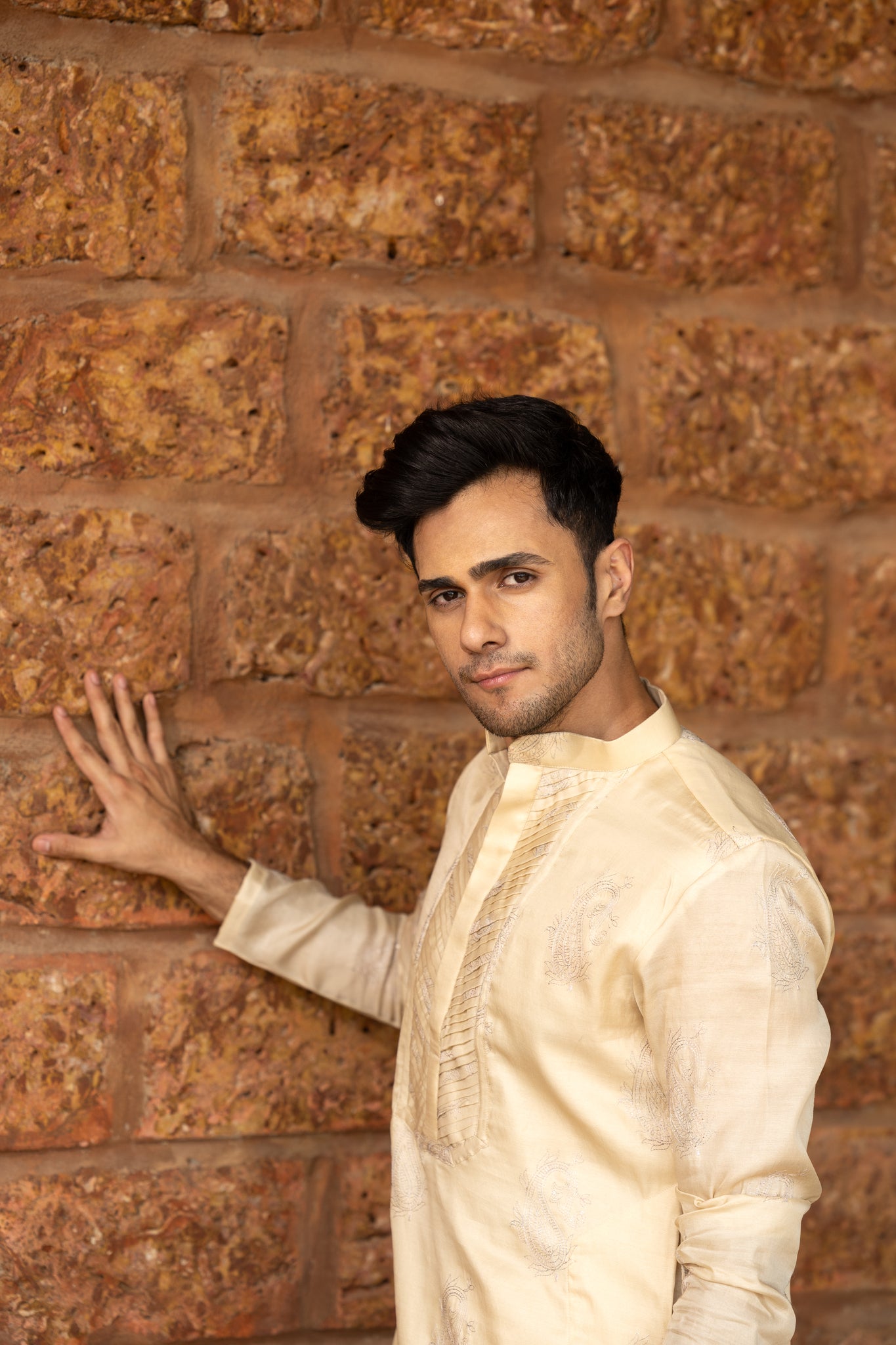 Thread embroidered pure silk chikankari kurta with silk pants