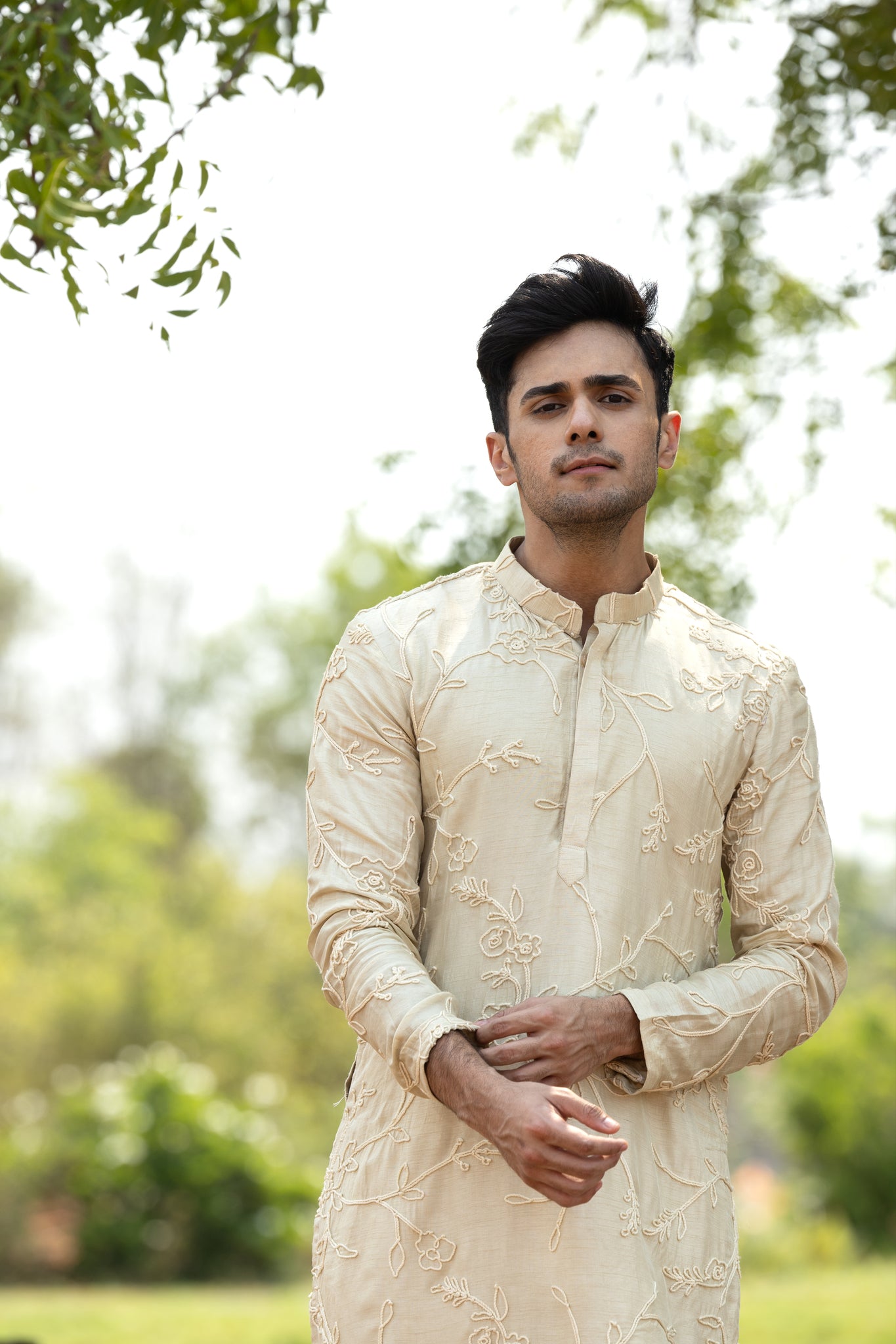Thread embroidered silk kurta with pants