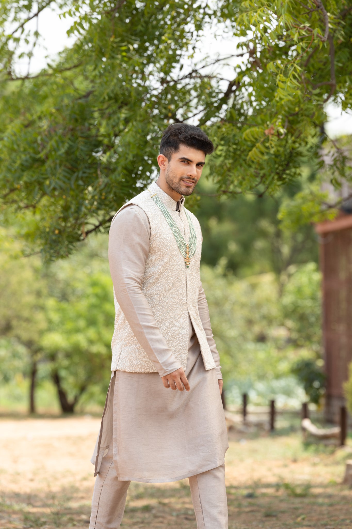Chikankari modi jacket with silk kurta and pants
