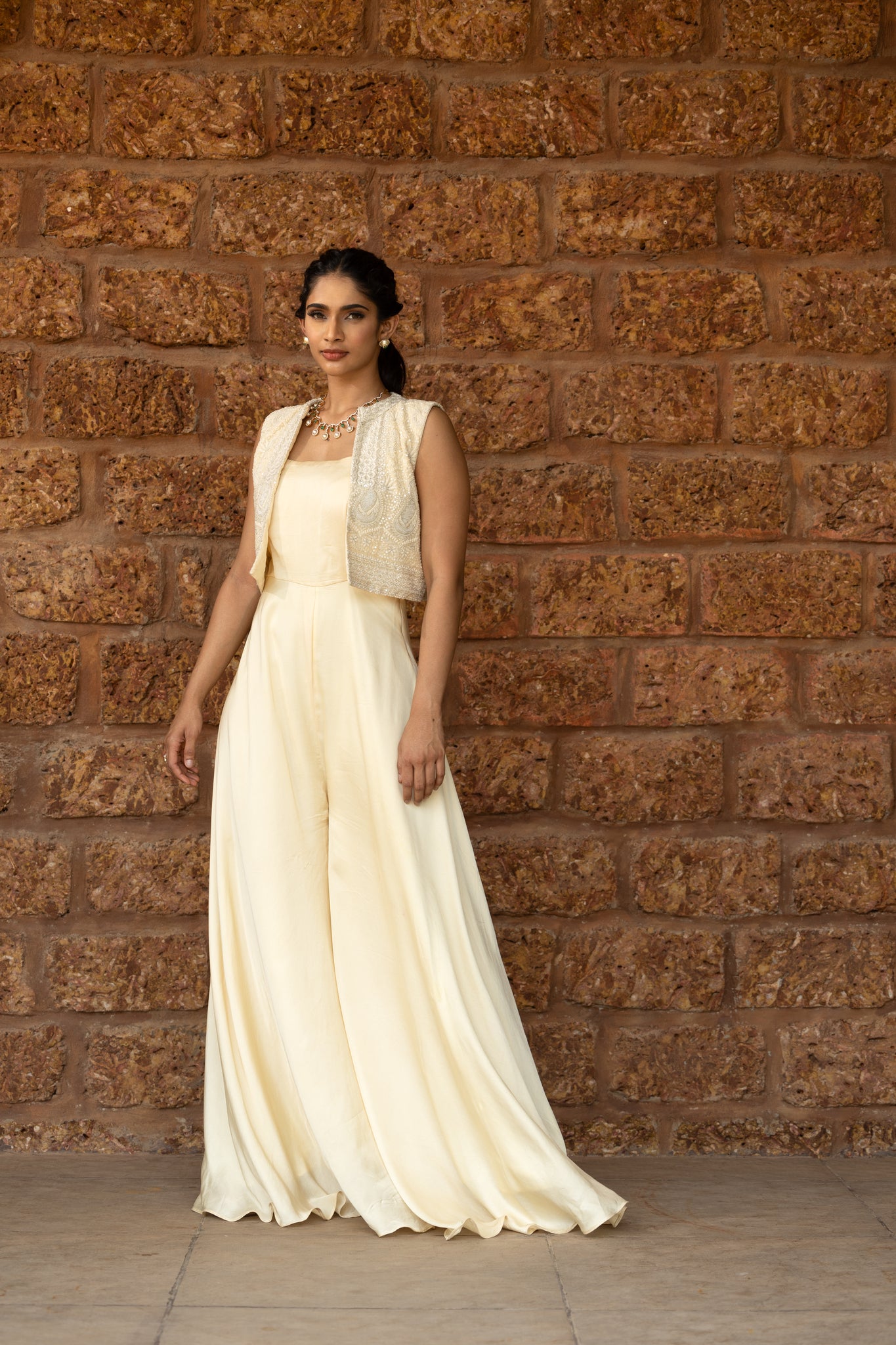 Chikankari short jacket with georgette satin jumpsuit