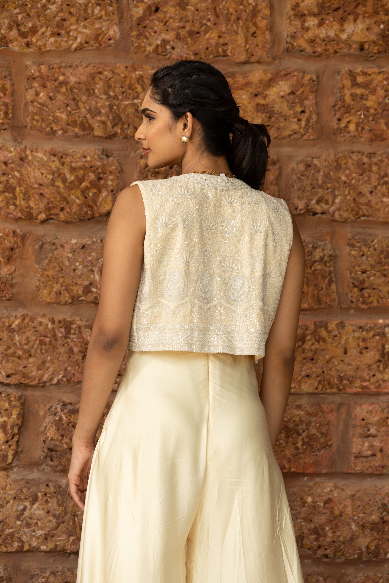 Chikankari short jacket with georgette satin jumpsuit
