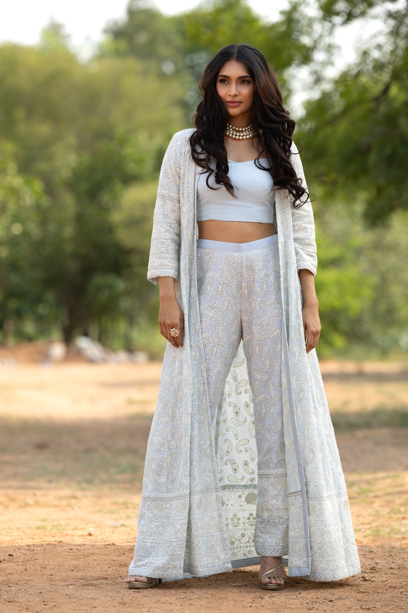 Blue Chikankari set with full length jacket,crop top and pants