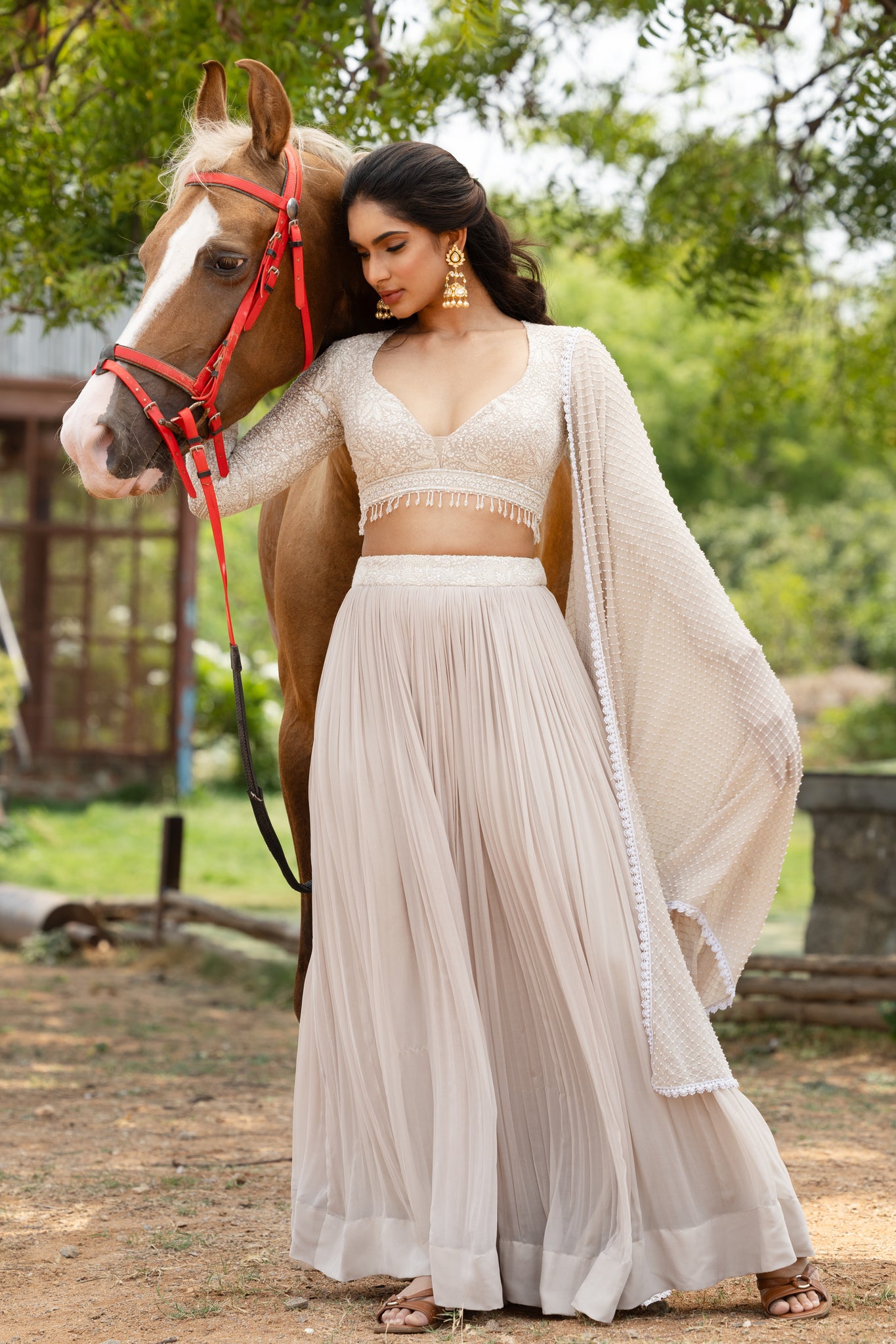 Chikankari blouse with pleated georgette skirt and cutdana dupatta