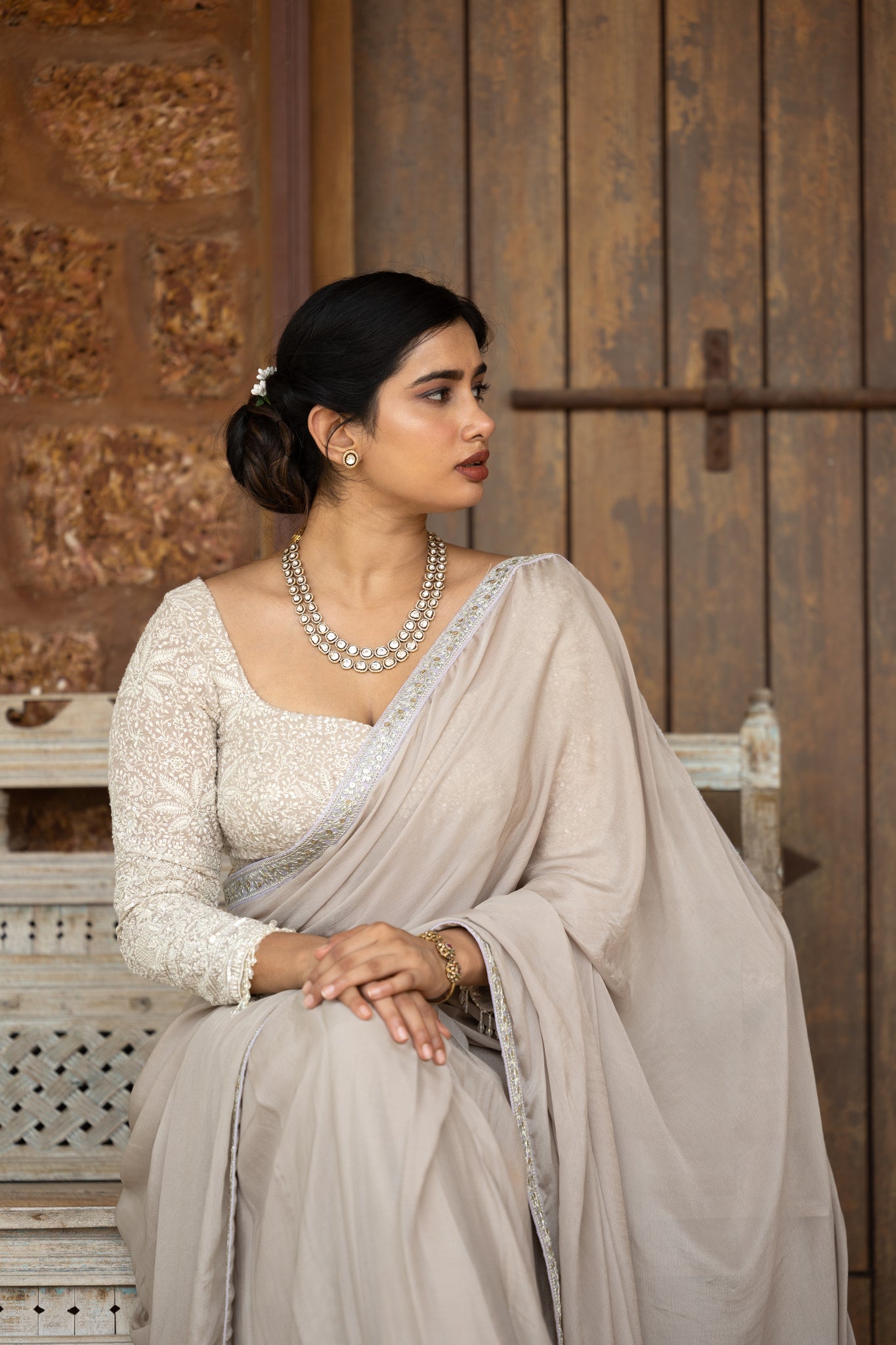 Chikankari blouse with chiffon saree