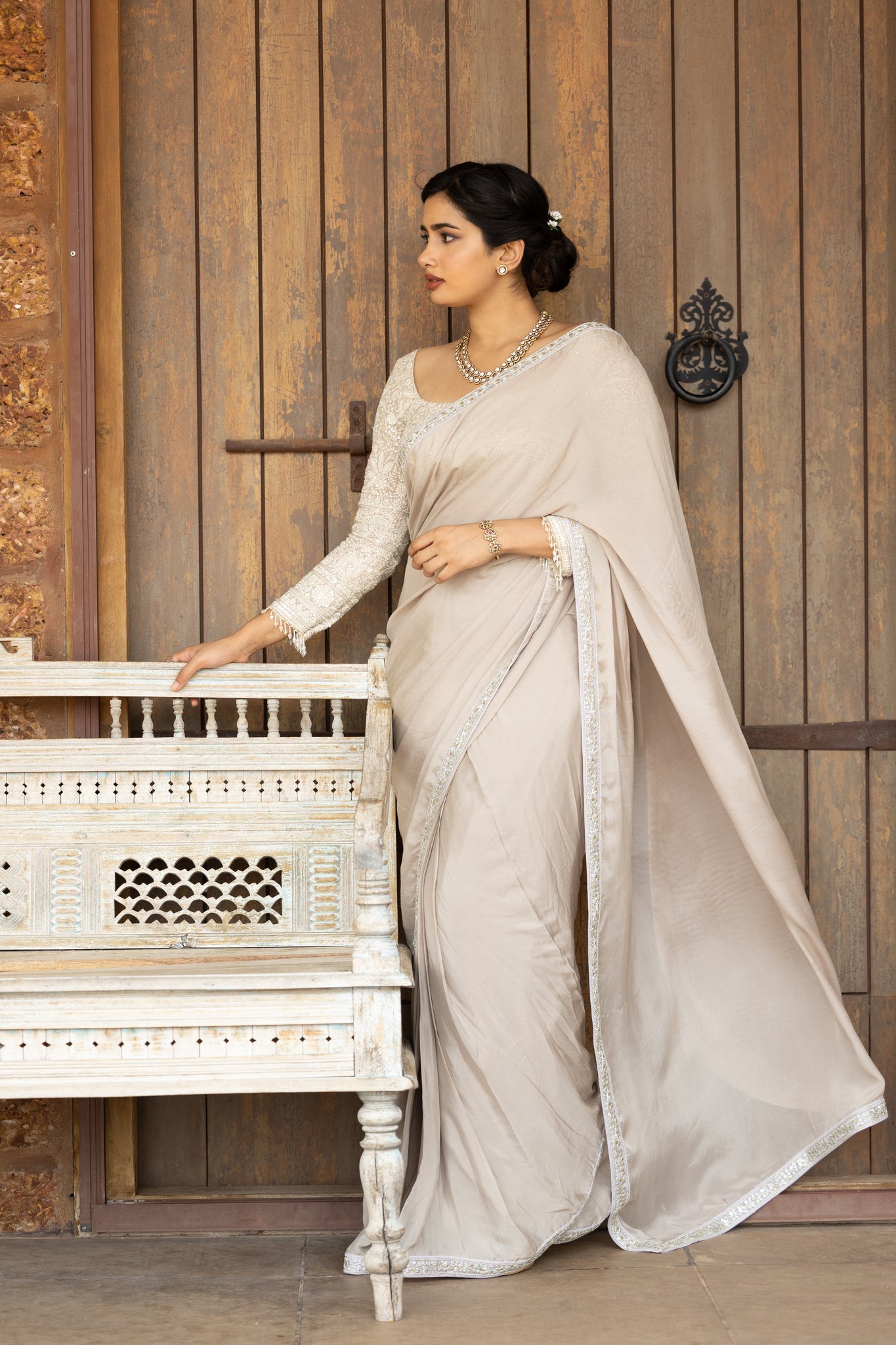 Chikankari blouse with chiffon saree