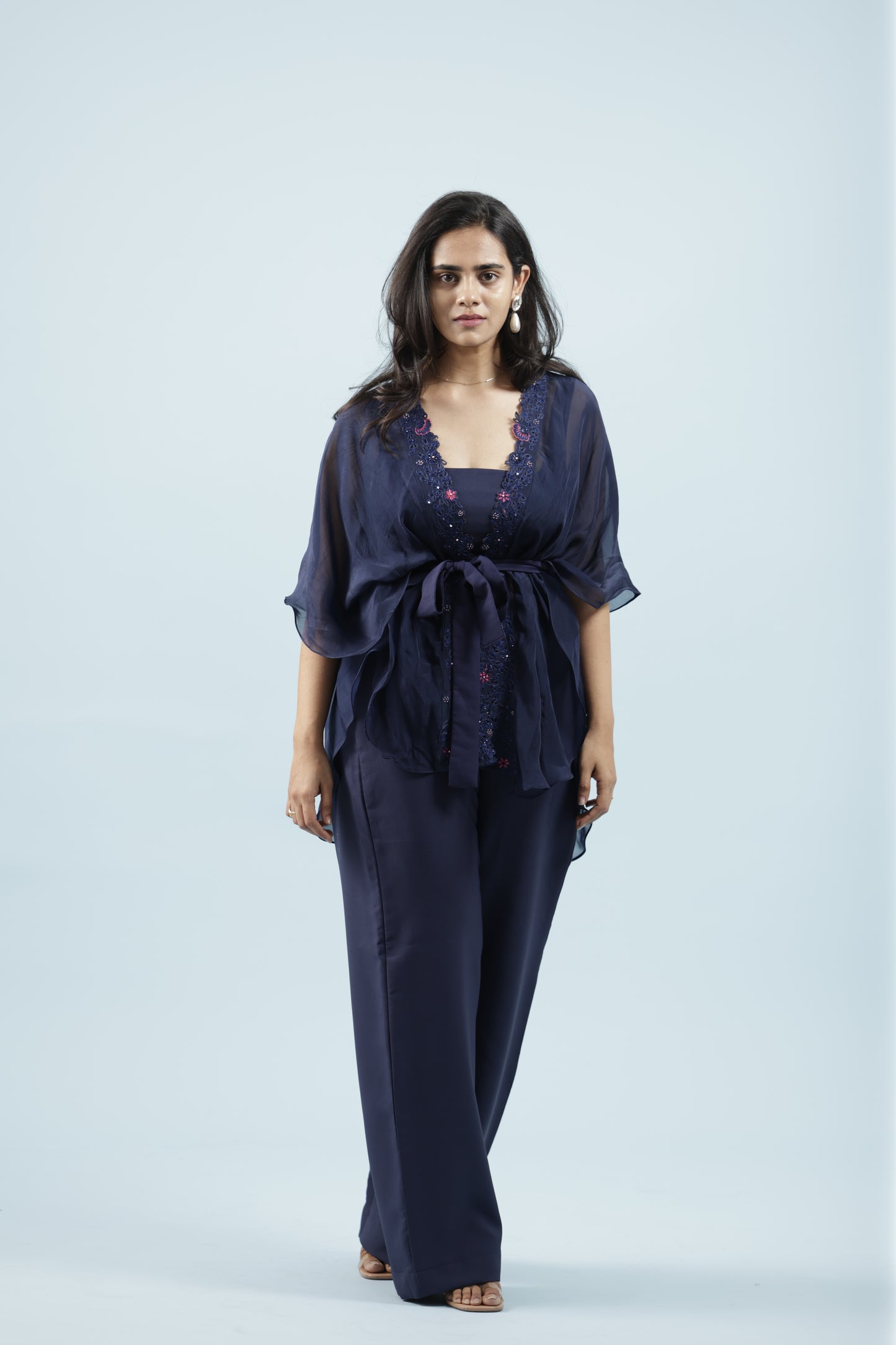 Blue hand embroidered Jacket with blouse and trousers