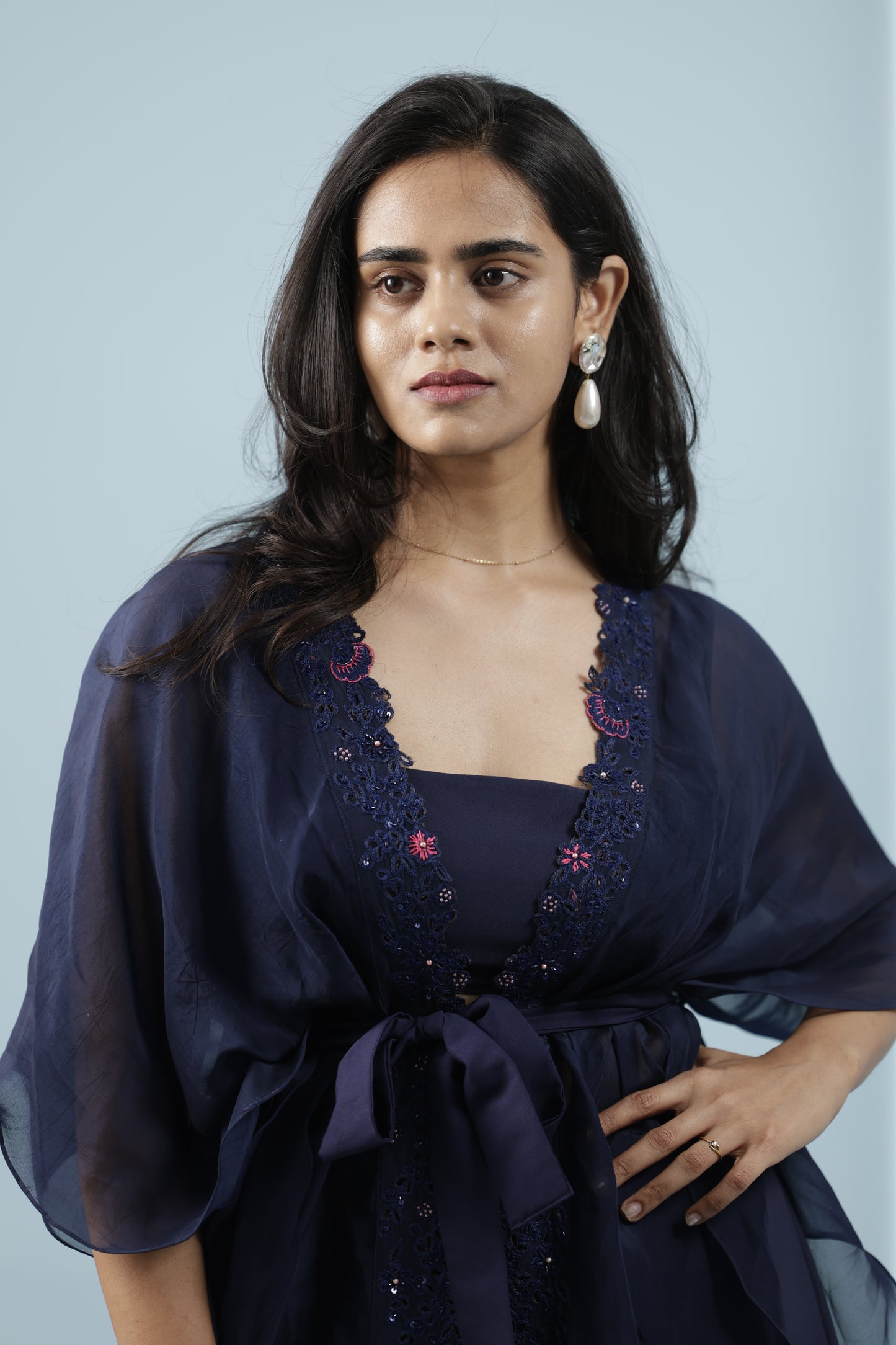 Blue hand embroidered Jacket with blouse and trousers
