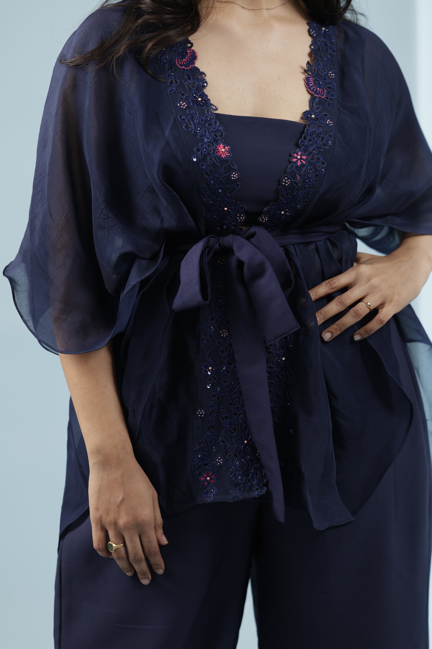 Blue hand embroidered Jacket with blouse and trousers