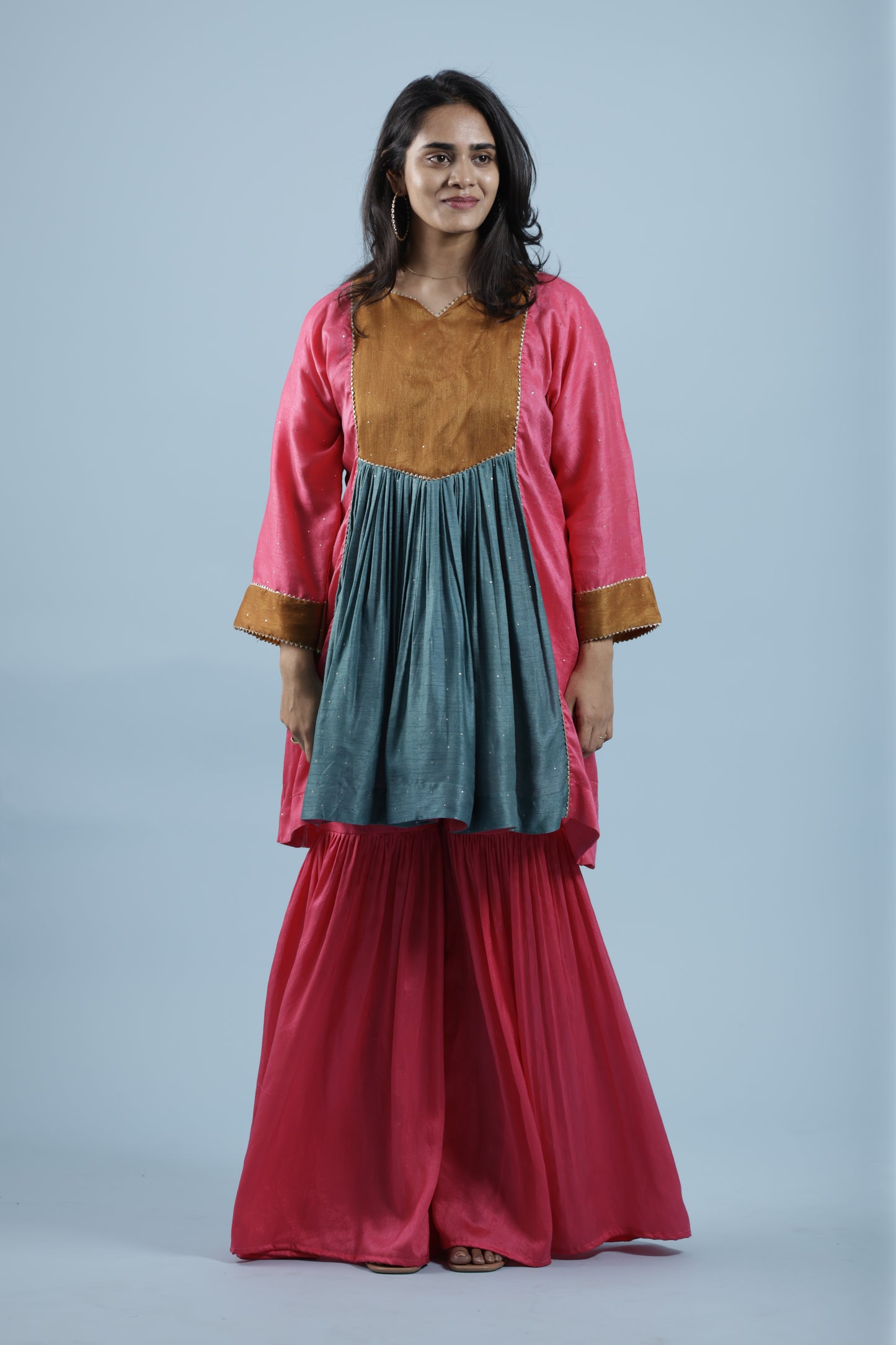 Hand embroidered multi colour Kurta with matching sharara