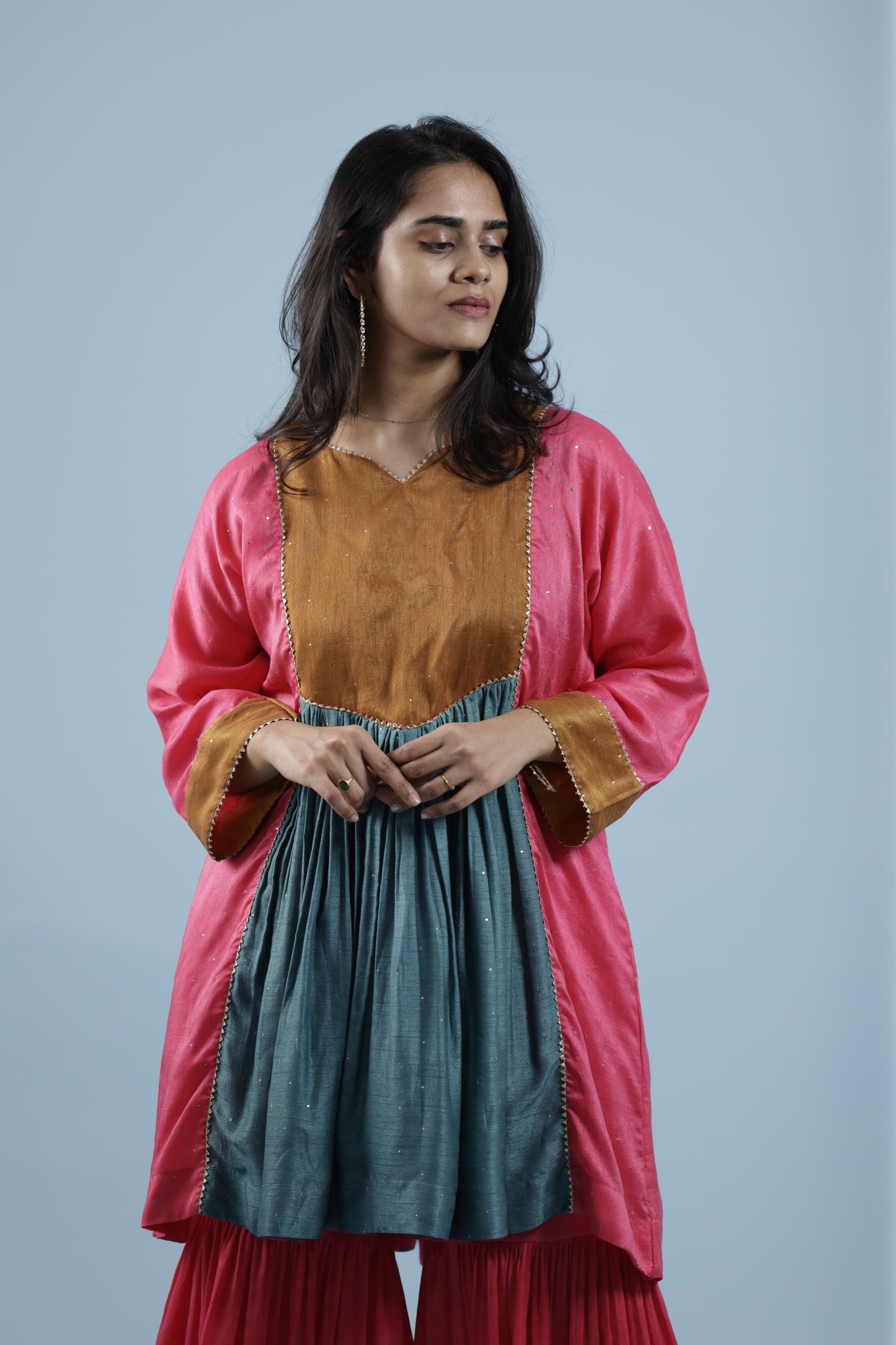 Hand embroidered multi colour Kurta with matching sharara
