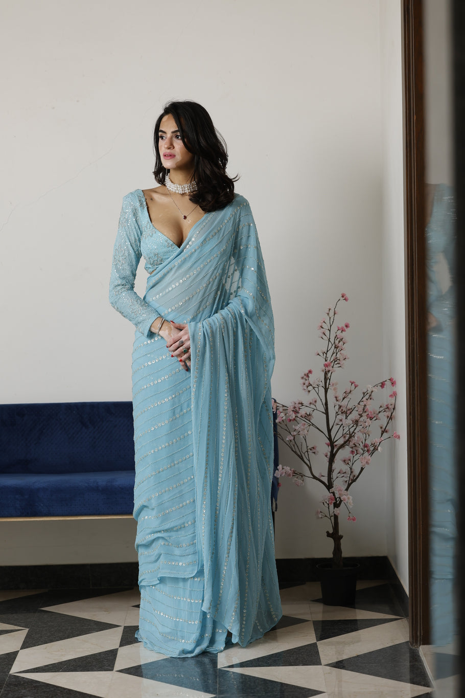 Pre Draped Sky Blue Saree with Embroidered blouse