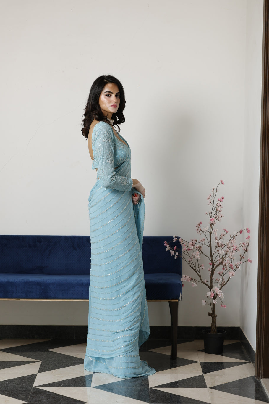 Pre Draped Sky Blue Saree with Embroidered blouse
