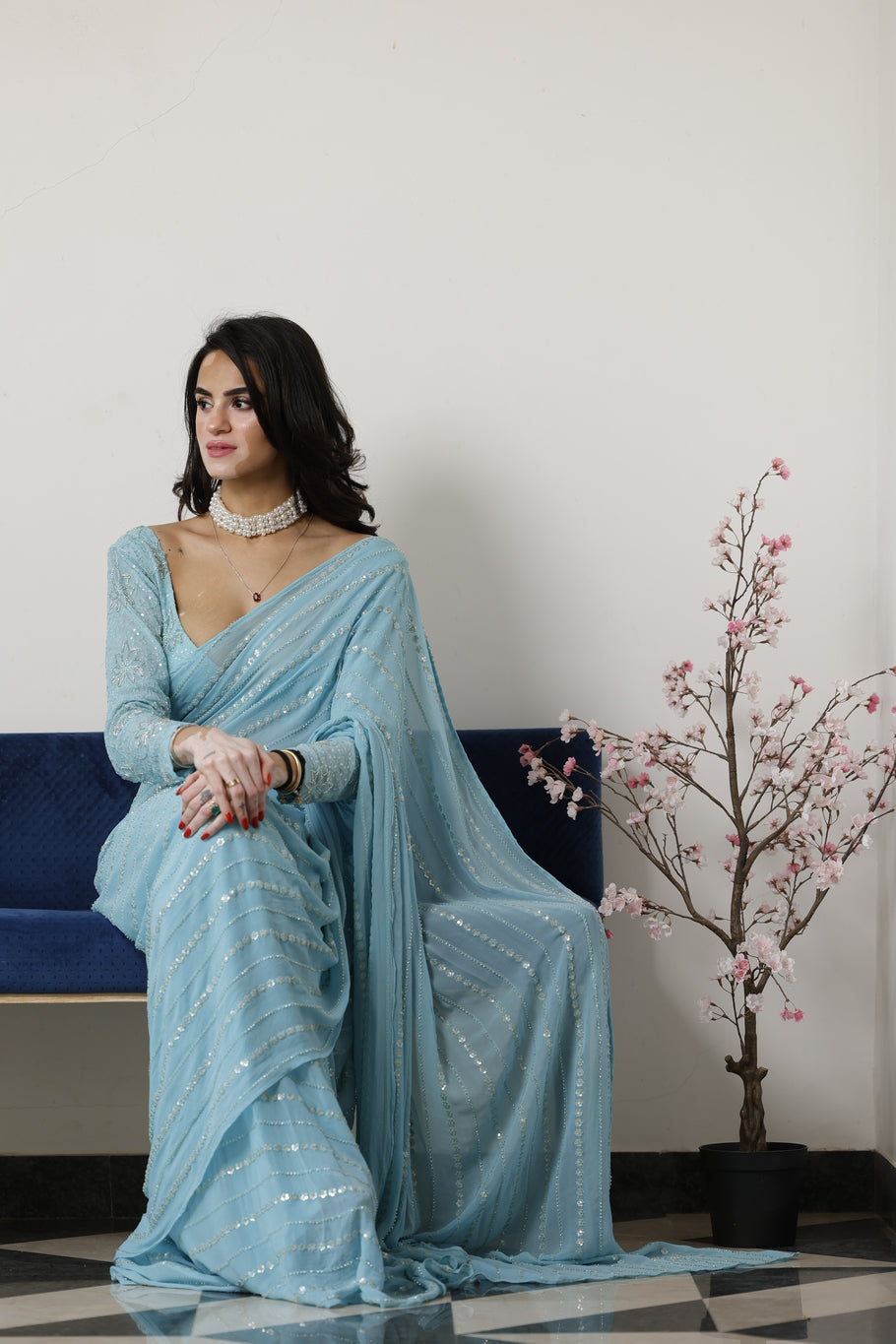 Pre Draped Sky Blue Saree with Embroidered blouse