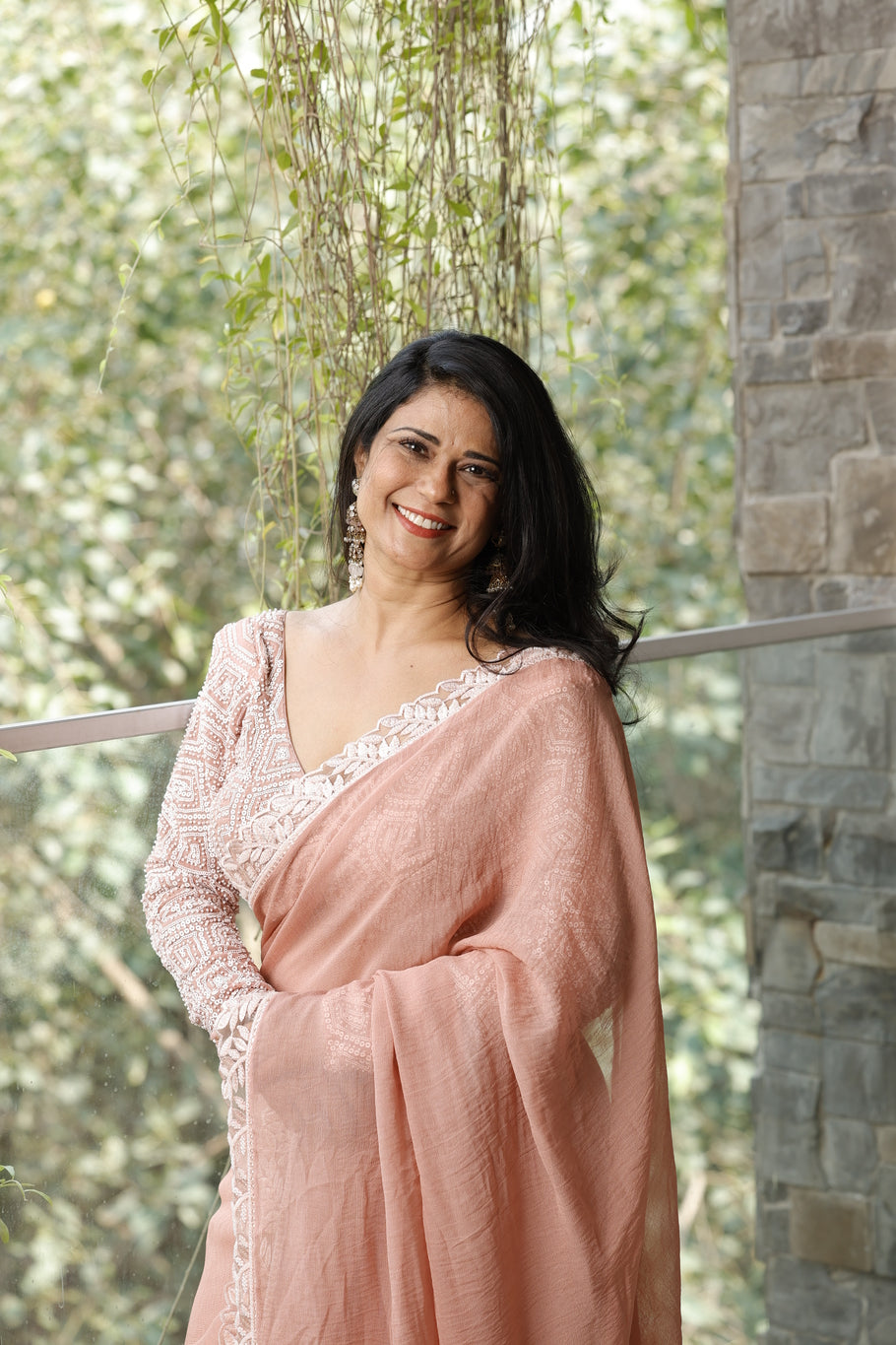 Peach pre pleated sarees with pearl hand embroidered blouse
