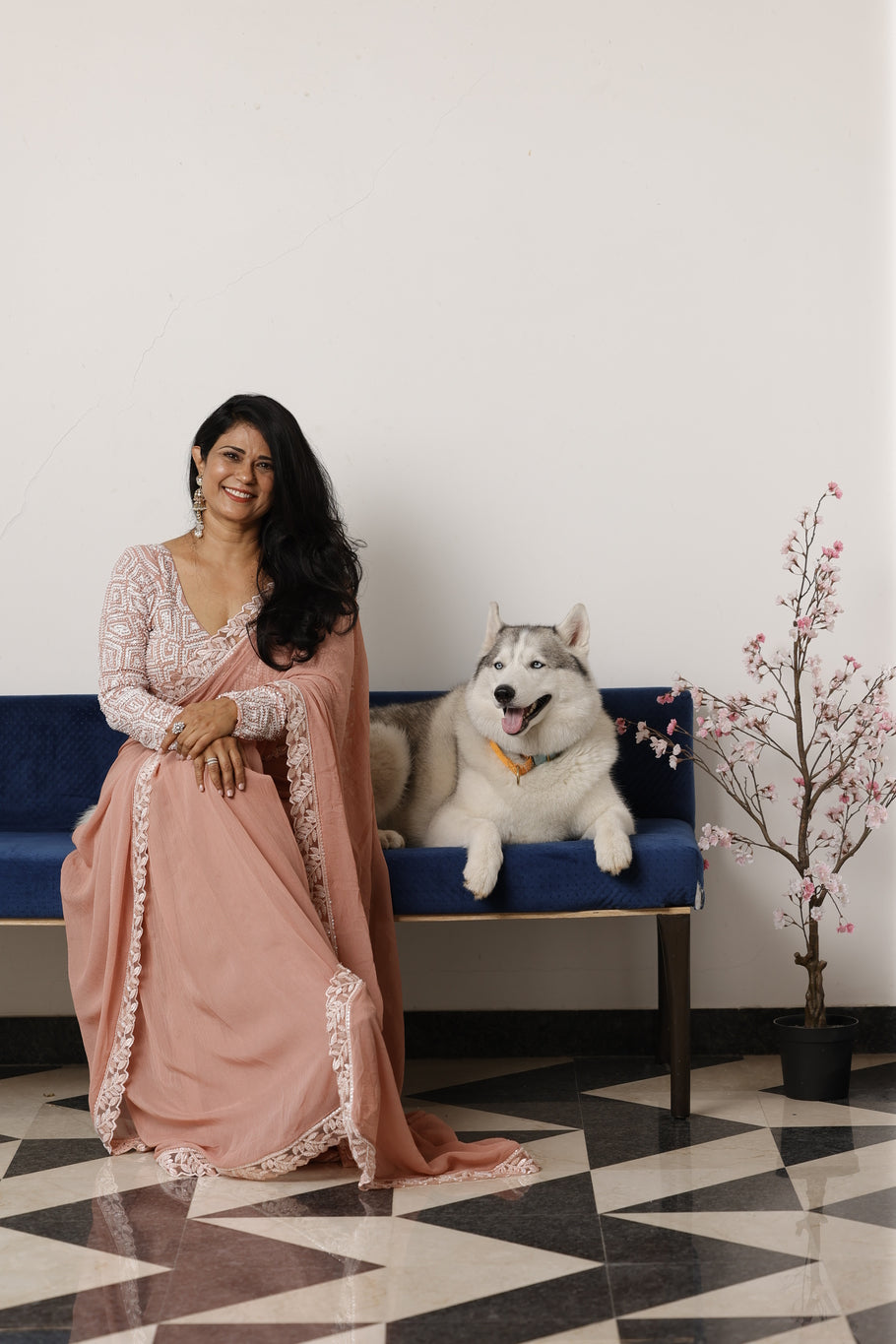 Peach pre pleated sarees with pearl hand embroidered blouse